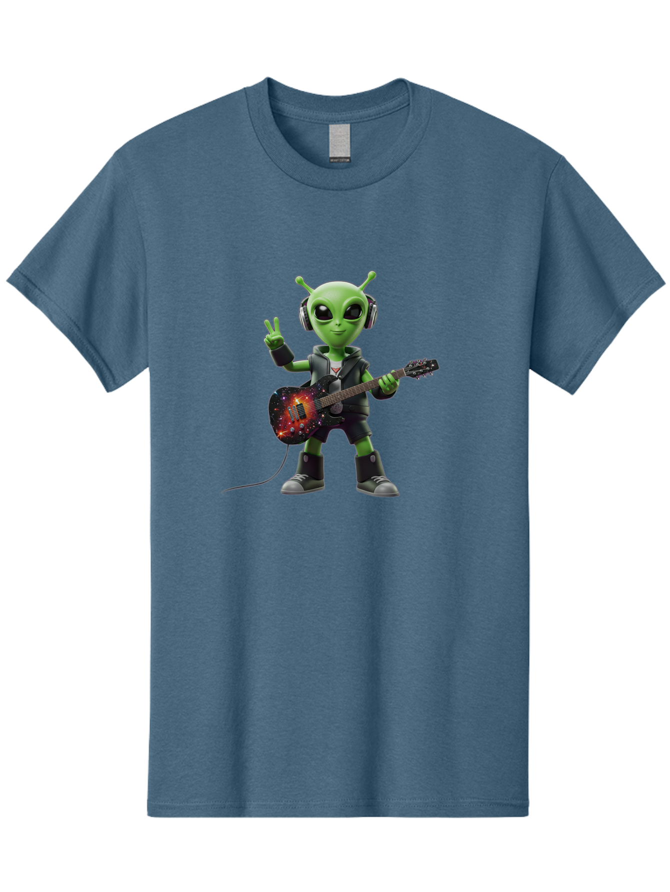 Alien-Guitarist Men'S Graphic Tee, 100% Cotton, Comfortable Casual Summer Wear, Machine Washable, Alien Playing Electric Guitar, Wearing Headphones, Peace Sign Hand Gesture, Galaxy Print Guitar, Rockstar Alien, Futuristic Music, Bab626