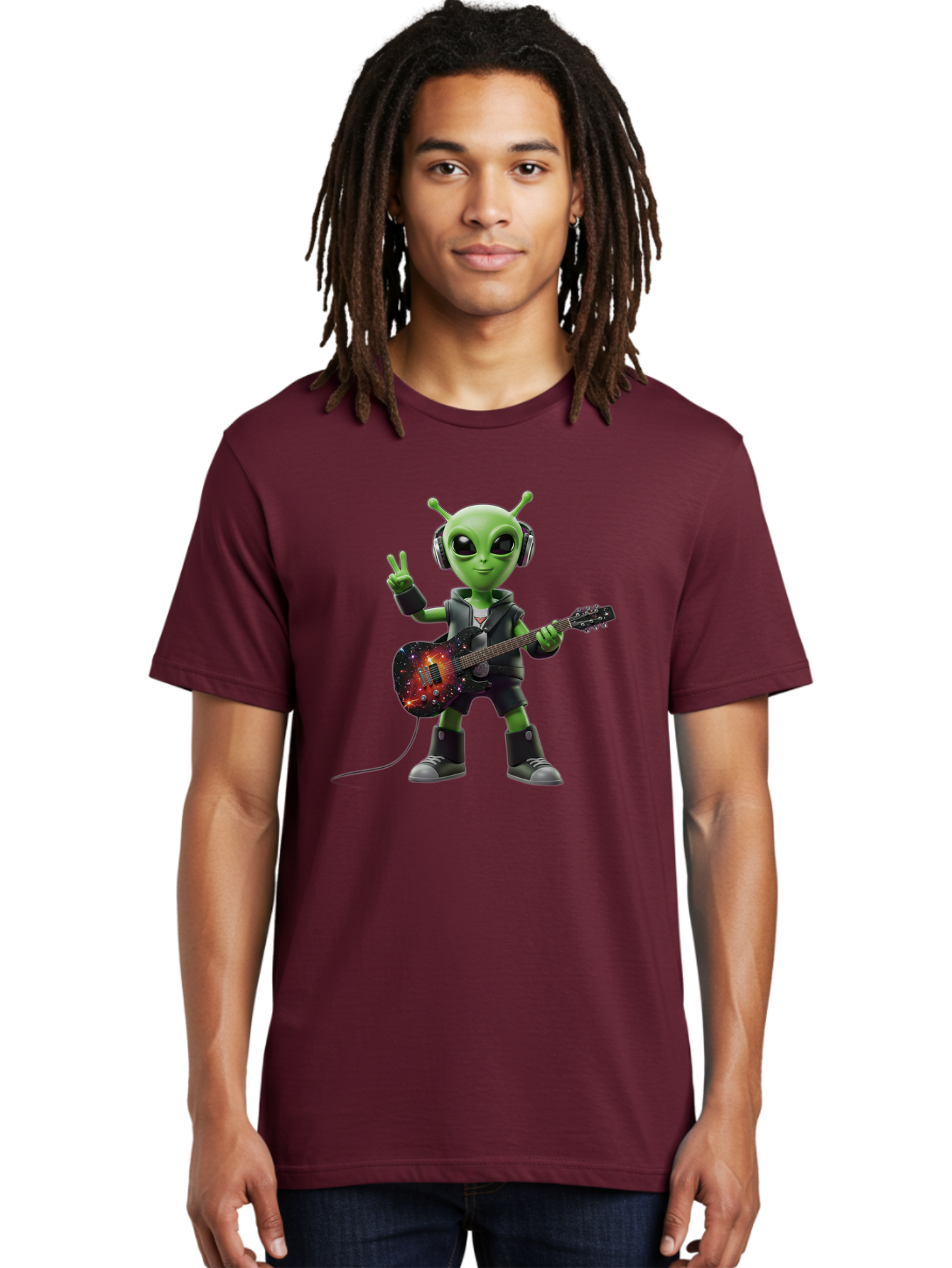 Alien-Guitarist Men'S Graphic Tee, 100% Cotton, Comfortable Casual Summer Wear, Machine Washable, Alien Playing Electric Guitar, Wearing Headphones, Peace Sign Hand Gesture, Galaxy Print Guitar, Rockstar Alien, Futuristic Music, Bab626
