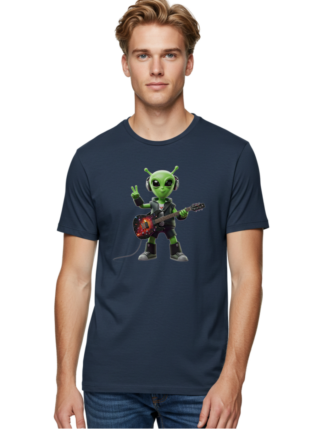 Alien-Guitarist Men'S Graphic Tee, 100% Cotton, Comfortable Casual Summer Wear, Machine Washable, Alien Playing Electric Guitar, Wearing Headphones, Peace Sign Hand Gesture, Galaxy Print Guitar, Rockstar Alien, Futuristic Music, Bab626