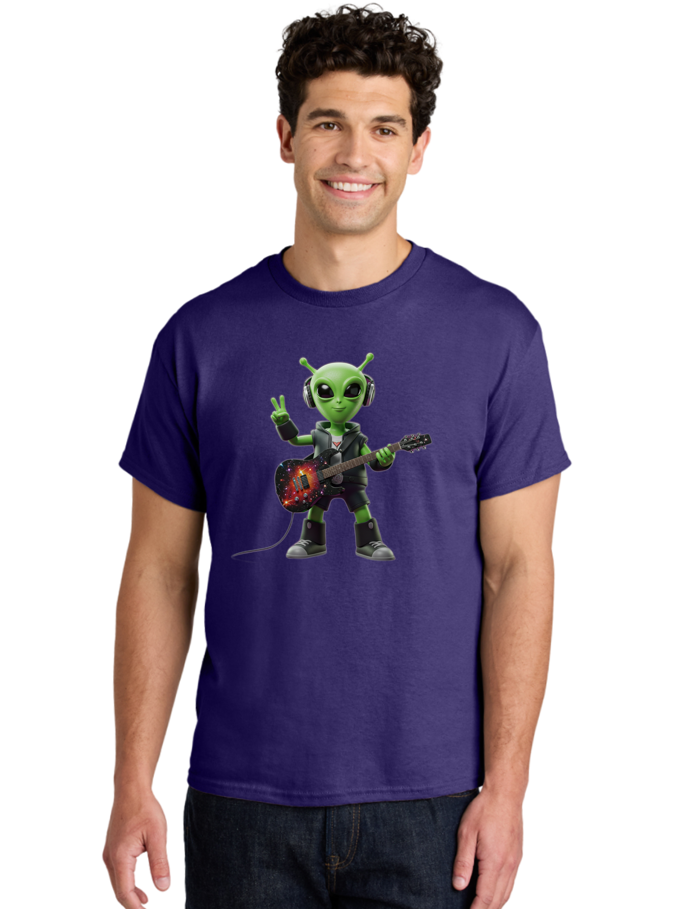 Alien-Guitarist Men'S Graphic Tee, 100% Cotton, Comfortable Casual Summer Wear, Machine Washable, Alien Playing Electric Guitar, Wearing Headphones, Peace Sign Hand Gesture, Galaxy Print Guitar, Rockstar Alien, Futuristic Music, Bab626