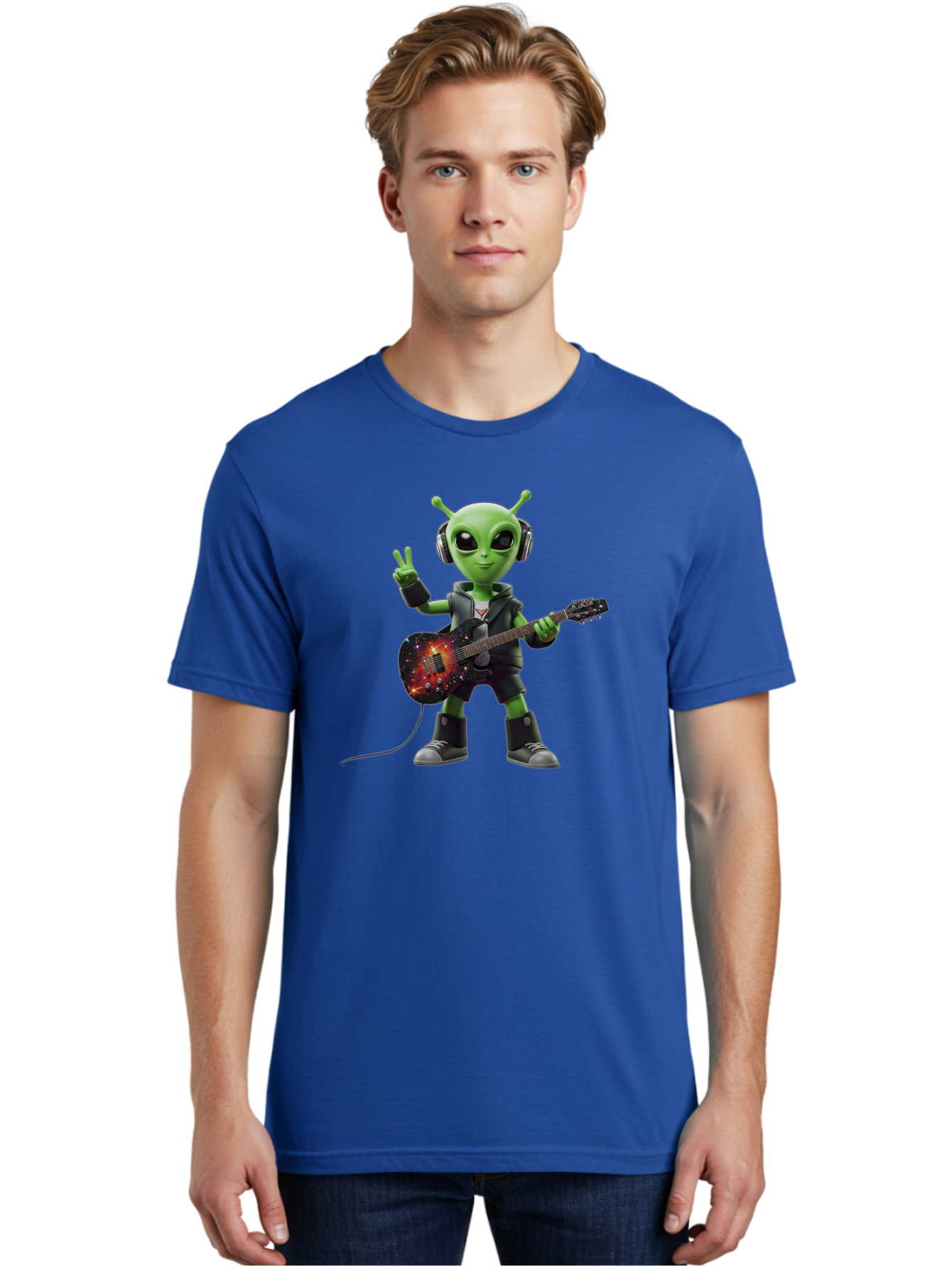 Alien-Guitarist Men'S Graphic Tee, 100% Cotton, Comfortable Casual Summer Wear, Machine Washable, Alien Playing Electric Guitar, Wearing Headphones, Peace Sign Hand Gesture, Galaxy Print Guitar, Rockstar Alien, Futuristic Music, Bab626