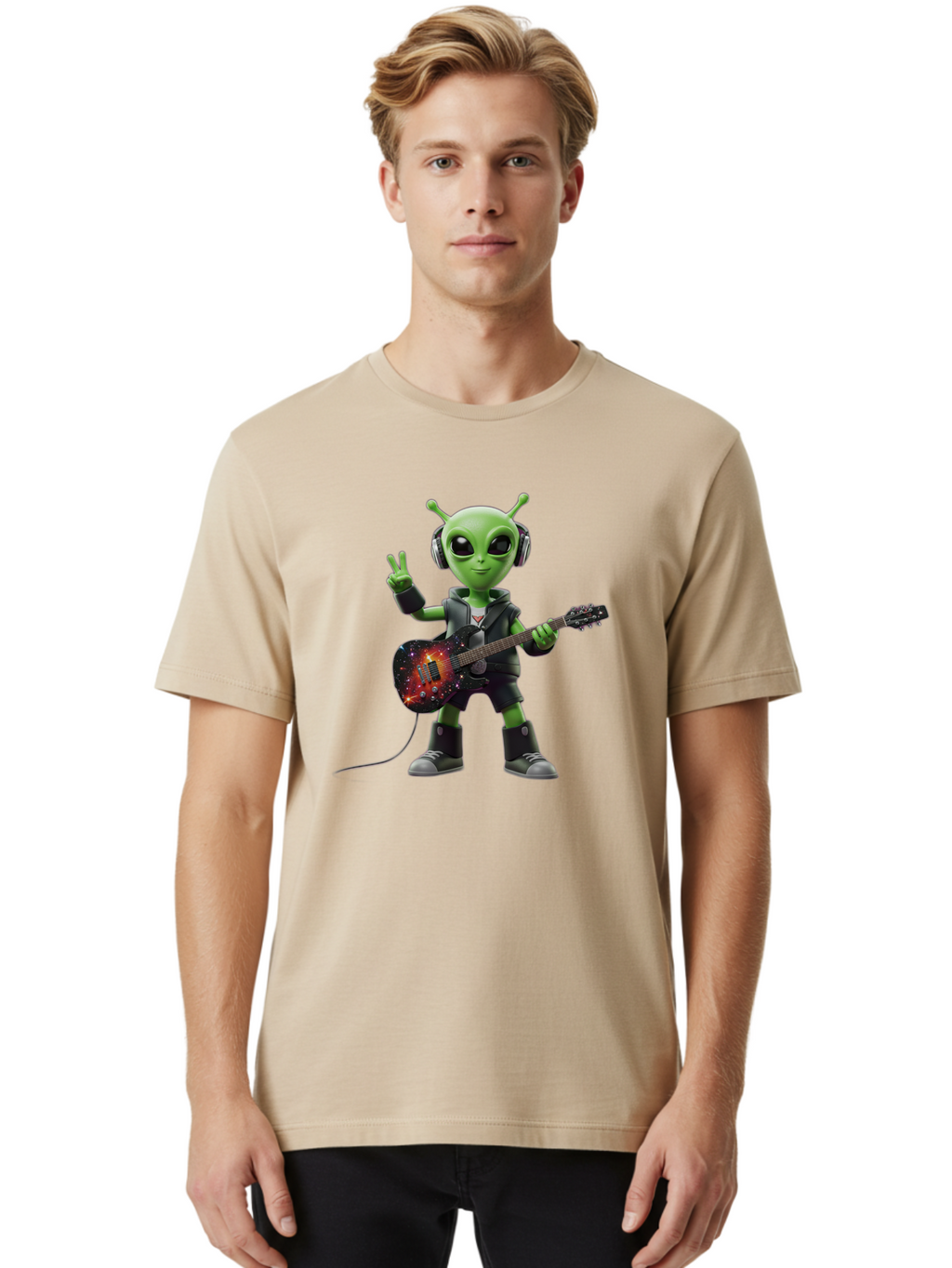 Alien-Guitarist Men'S Graphic Tee, 100% Cotton, Comfortable Casual Summer Wear, Machine Washable, Alien Playing Electric Guitar, Wearing Headphones, Peace Sign Hand Gesture, Galaxy Print Guitar, Rockstar Alien, Futuristic Music, Bab626