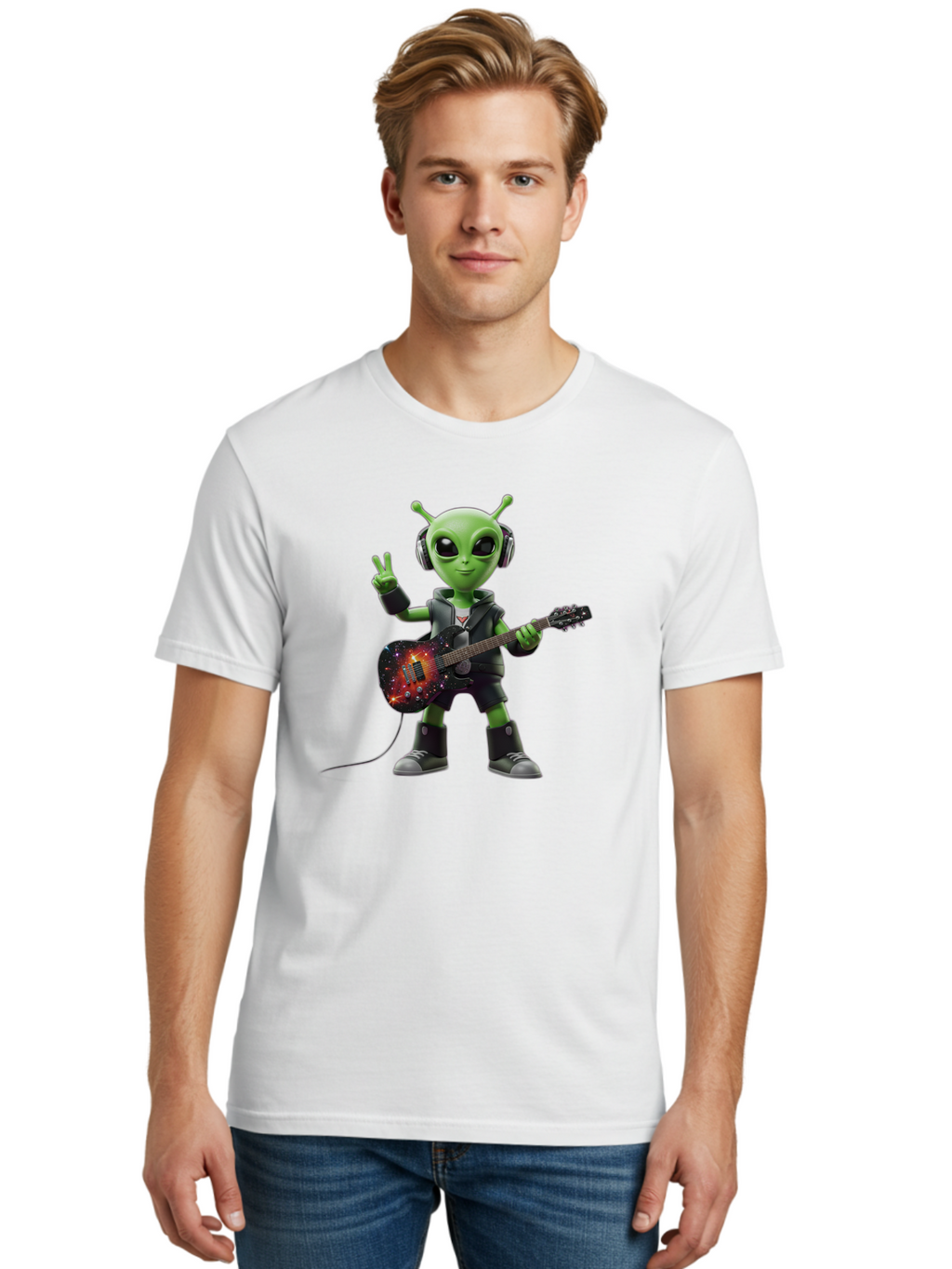 Alien-Guitarist Men'S Graphic Tee, 100% Cotton, Comfortable Casual Summer Wear, Machine Washable, Alien Playing Electric Guitar, Wearing Headphones, Peace Sign Hand Gesture, Galaxy Print Guitar, Rockstar Alien, Futuristic Music, Bab626