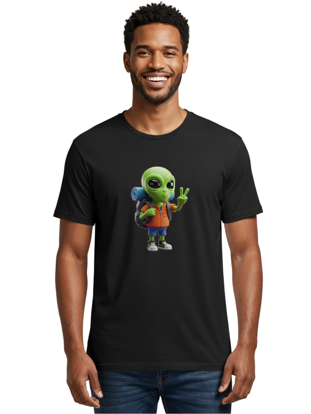 Alien-Hiker Men'S Graphic Tee, 100% Cotton, Comfortable Casual Summer Wear, Machine Washable, Cartoon Alien, Hiking Gear, Peace Sign, Relaxed Pose, 3D Illustration, Casual Clothing, Outdoor Enthusiast, Pop Culture Icon, Fun Design, Bab627