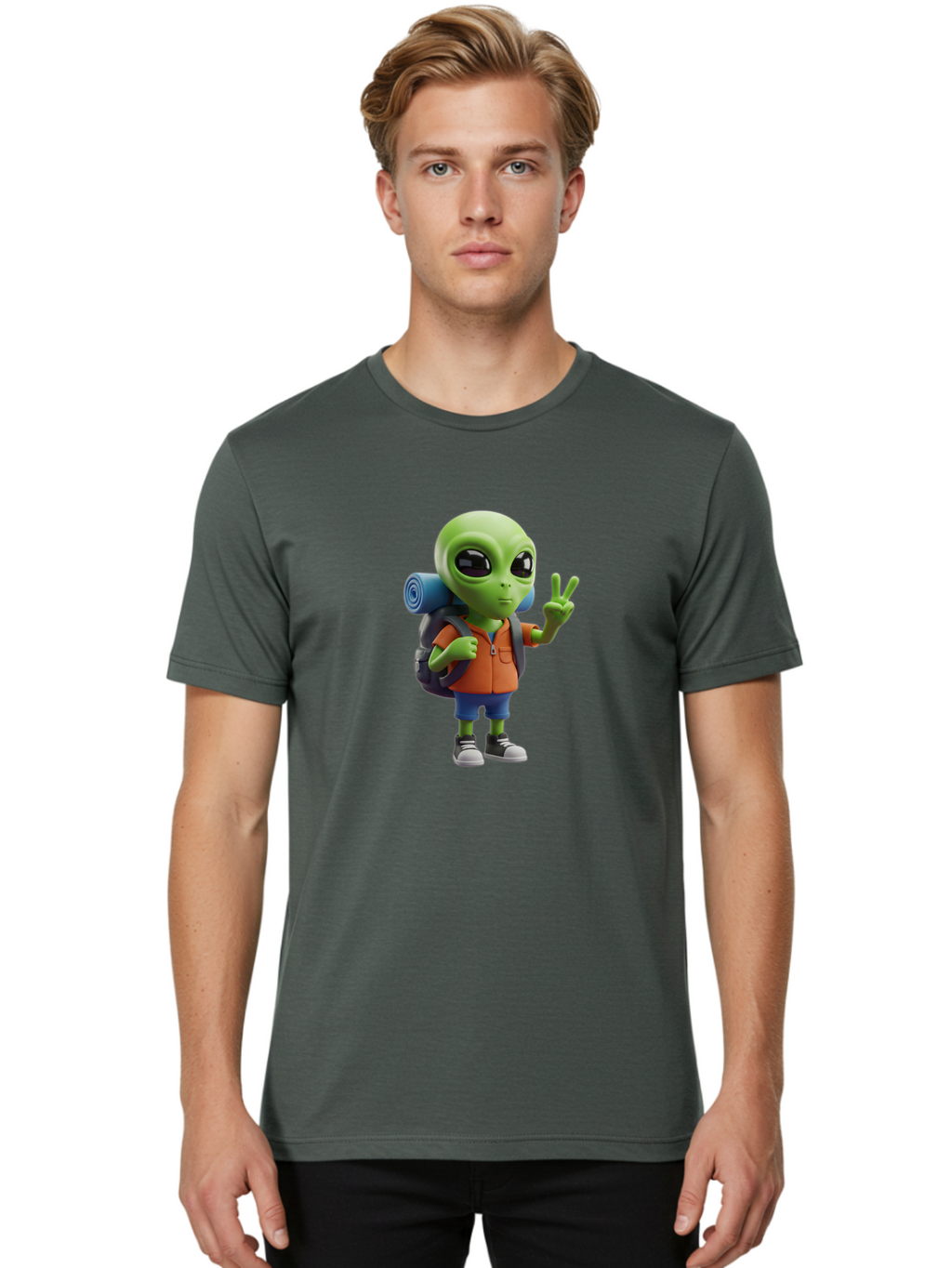 Alien-Hiker Men'S Graphic Tee, 100% Cotton, Comfortable Casual Summer Wear, Machine Washable, Cartoon Alien, Hiking Gear, Peace Sign, Relaxed Pose, 3D Illustration, Casual Clothing, Outdoor Enthusiast, Pop Culture Icon, Fun Design, Bab627