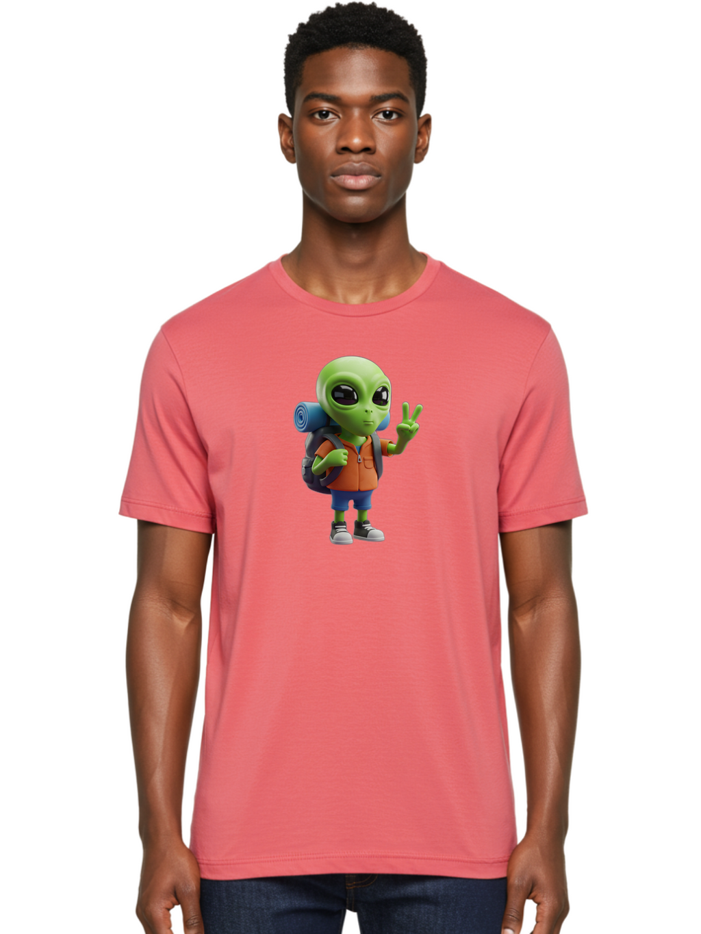 Alien-Hiker Men'S Graphic Tee, 100% Cotton, Comfortable Casual Summer Wear, Machine Washable, Cartoon Alien, Hiking Gear, Peace Sign, Relaxed Pose, 3D Illustration, Casual Clothing, Outdoor Enthusiast, Pop Culture Icon, Fun Design, Bab627