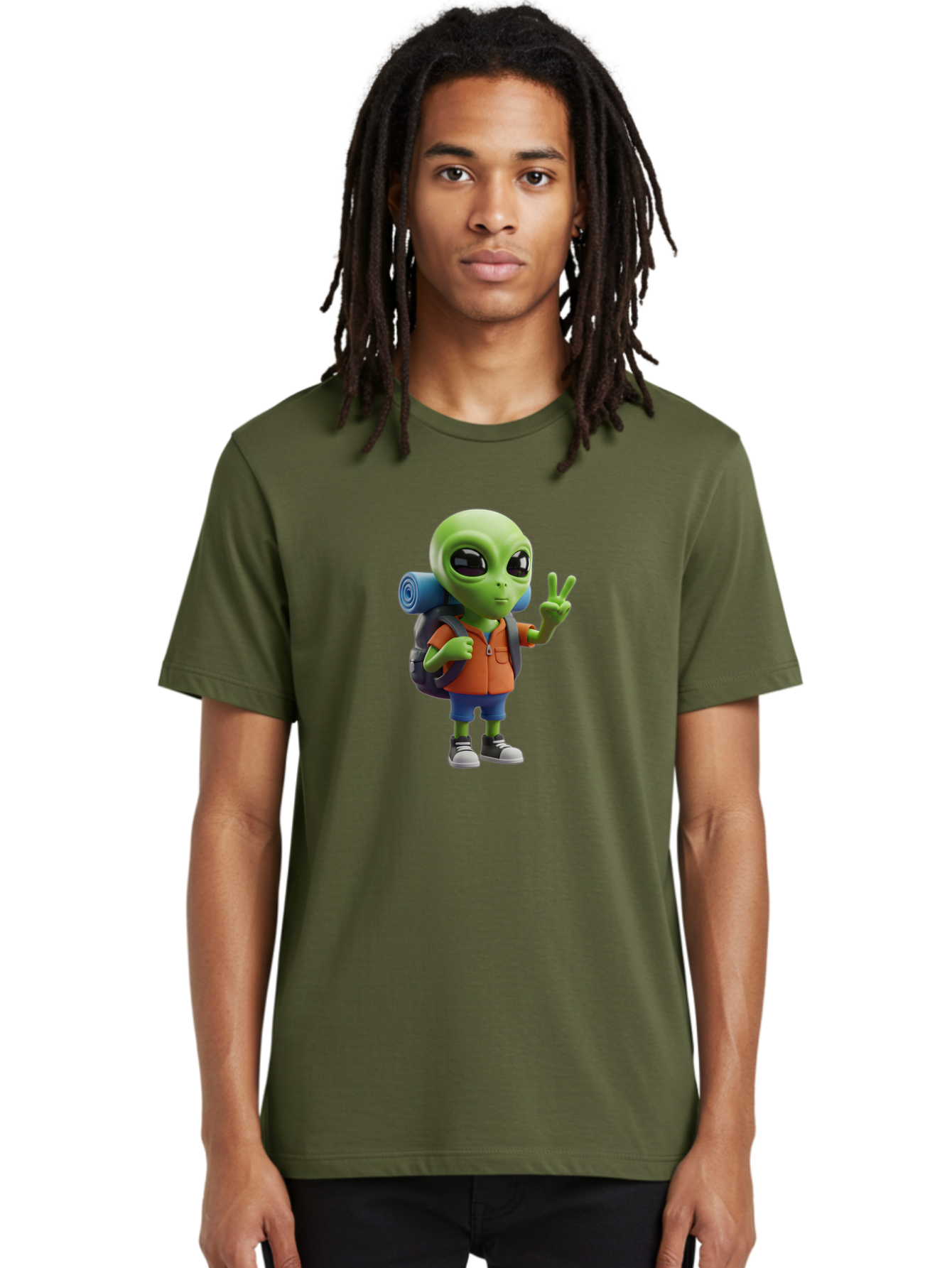 Alien-Hiker Men'S Graphic Tee, 100% Cotton, Comfortable Casual Summer Wear, Machine Washable, Cartoon Alien, Hiking Gear, Peace Sign, Relaxed Pose, 3D Illustration, Casual Clothing, Outdoor Enthusiast, Pop Culture Icon, Fun Design, Bab627