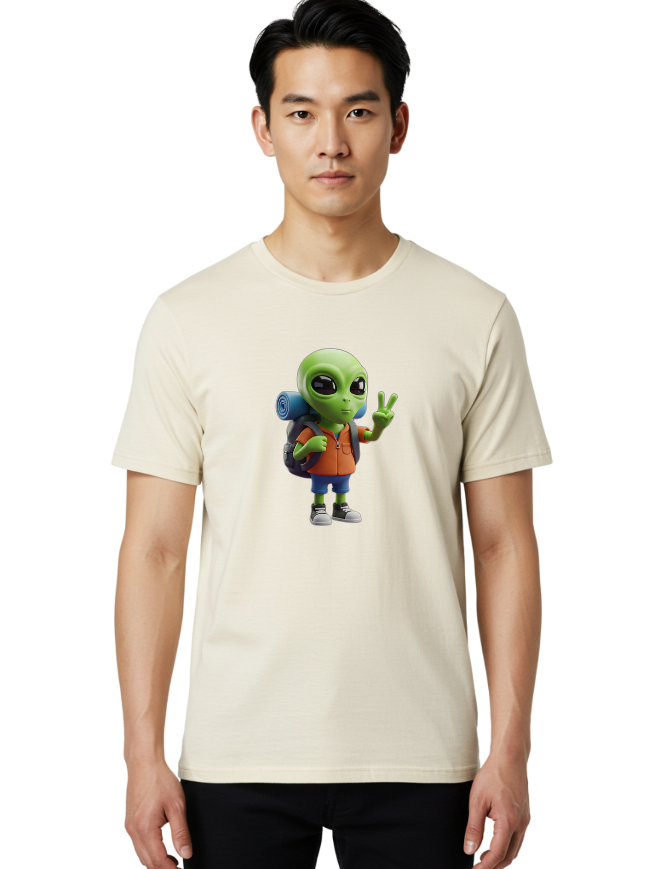 Alien-Hiker Men'S Graphic Tee, 100% Cotton, Comfortable Casual Summer Wear, Machine Washable, Cartoon Alien, Hiking Gear, Peace Sign, Relaxed Pose, 3D Illustration, Casual Clothing, Outdoor Enthusiast, Pop Culture Icon, Fun Design, Bab627