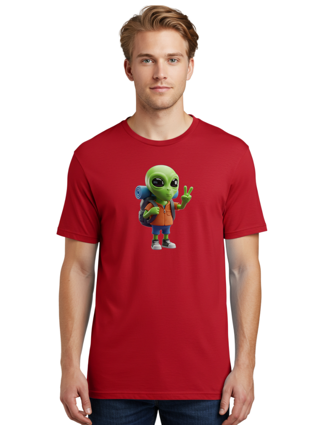 Alien-Hiker Men'S Graphic Tee, 100% Cotton, Comfortable Casual Summer Wear, Machine Washable, Cartoon Alien, Hiking Gear, Peace Sign, Relaxed Pose, 3D Illustration, Casual Clothing, Outdoor Enthusiast, Pop Culture Icon, Fun Design, Bab627