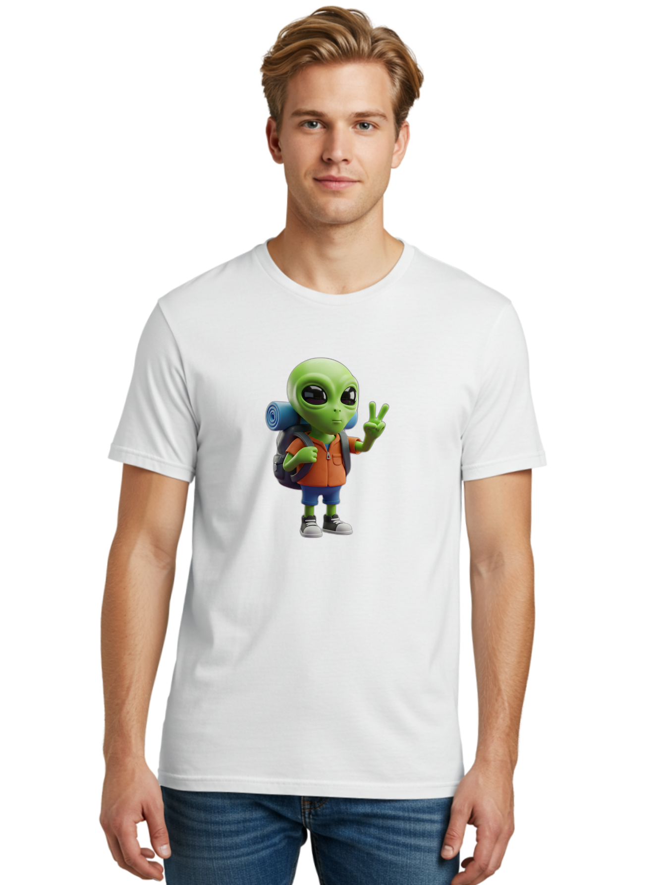 Alien-Hiker Men'S Graphic Tee, 100% Cotton, Comfortable Casual Summer Wear, Machine Washable, Cartoon Alien, Hiking Gear, Peace Sign, Relaxed Pose, 3D Illustration, Casual Clothing, Outdoor Enthusiast, Pop Culture Icon, Fun Design, Bab627
