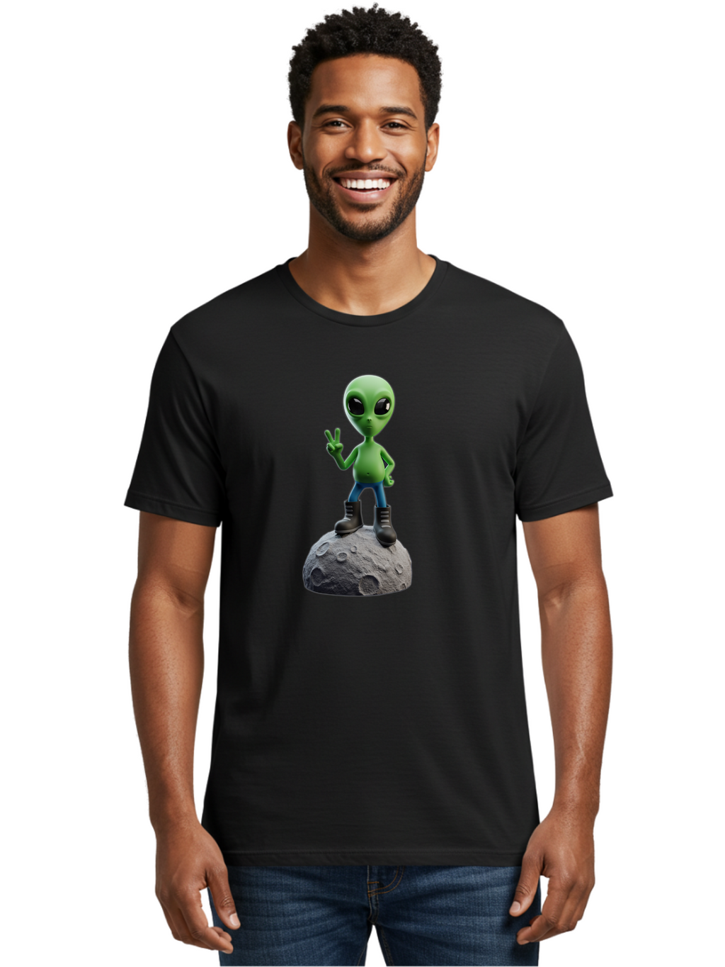 Alien-On-Moon Men'S Graphic Tee, 100% Cotton, Comfortable Casual Summer Wear, Machine Washable, 3D Cartoon Alien, Peace Sign, Moon Surface, Craters, Futuristic, Extraterrestrial Life, Space, Blue Jeans, Black Boots, Quirky, Fun, Playful, Bab628