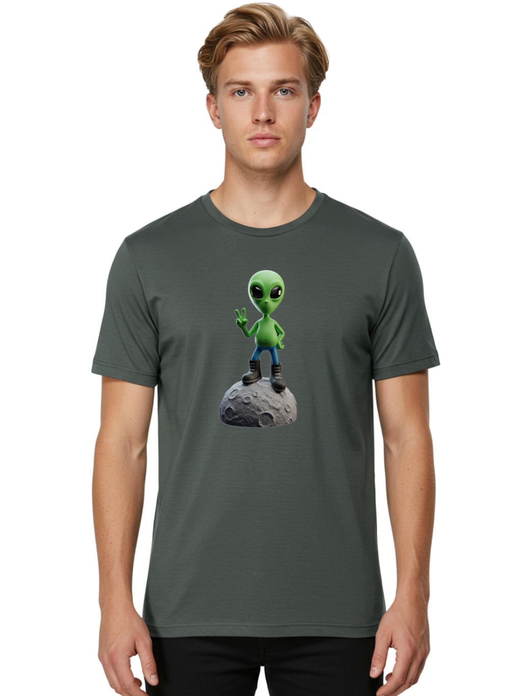 Alien-On-Moon Men'S Graphic Tee, 100% Cotton, Comfortable Casual Summer Wear, Machine Washable, 3D Cartoon Alien, Peace Sign, Moon Surface, Craters, Futuristic, Extraterrestrial Life, Space, Blue Jeans, Black Boots, Quirky, Fun, Playful, Bab628