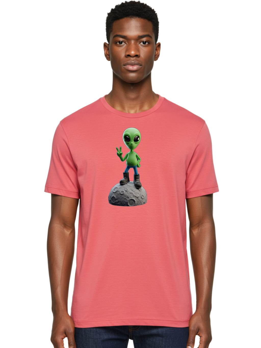 Alien-On-Moon Men'S Graphic Tee, 100% Cotton, Comfortable Casual Summer Wear, Machine Washable, 3D Cartoon Alien, Peace Sign, Moon Surface, Craters, Futuristic, Extraterrestrial Life, Space, Blue Jeans, Black Boots, Quirky, Fun, Playful, Bab628