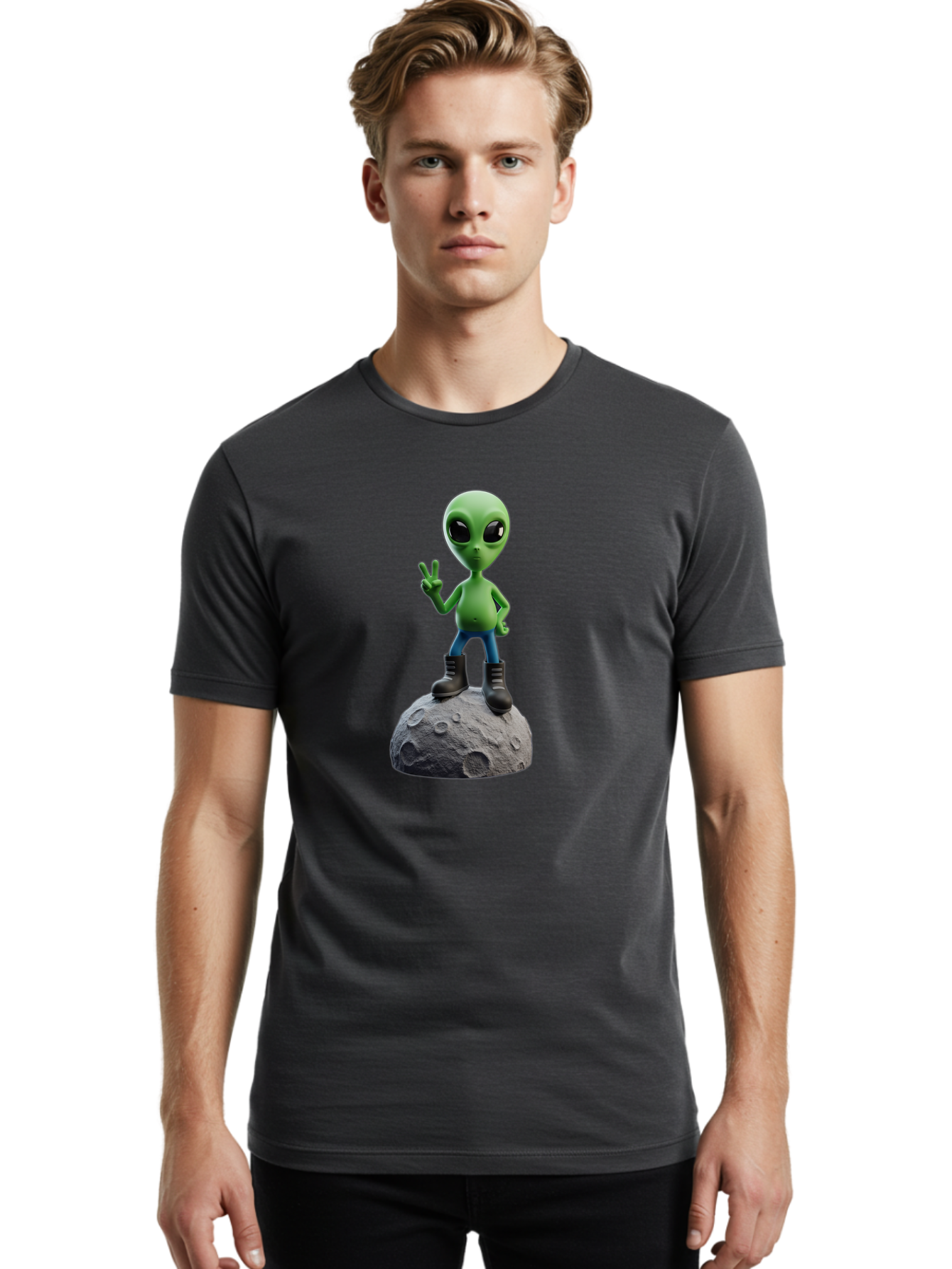 Alien-On-Moon Men'S Graphic Tee, 100% Cotton, Comfortable Casual Summer Wear, Machine Washable, 3D Cartoon Alien, Peace Sign, Moon Surface, Craters, Futuristic, Extraterrestrial Life, Space, Blue Jeans, Black Boots, Quirky, Fun, Playful, Bab628