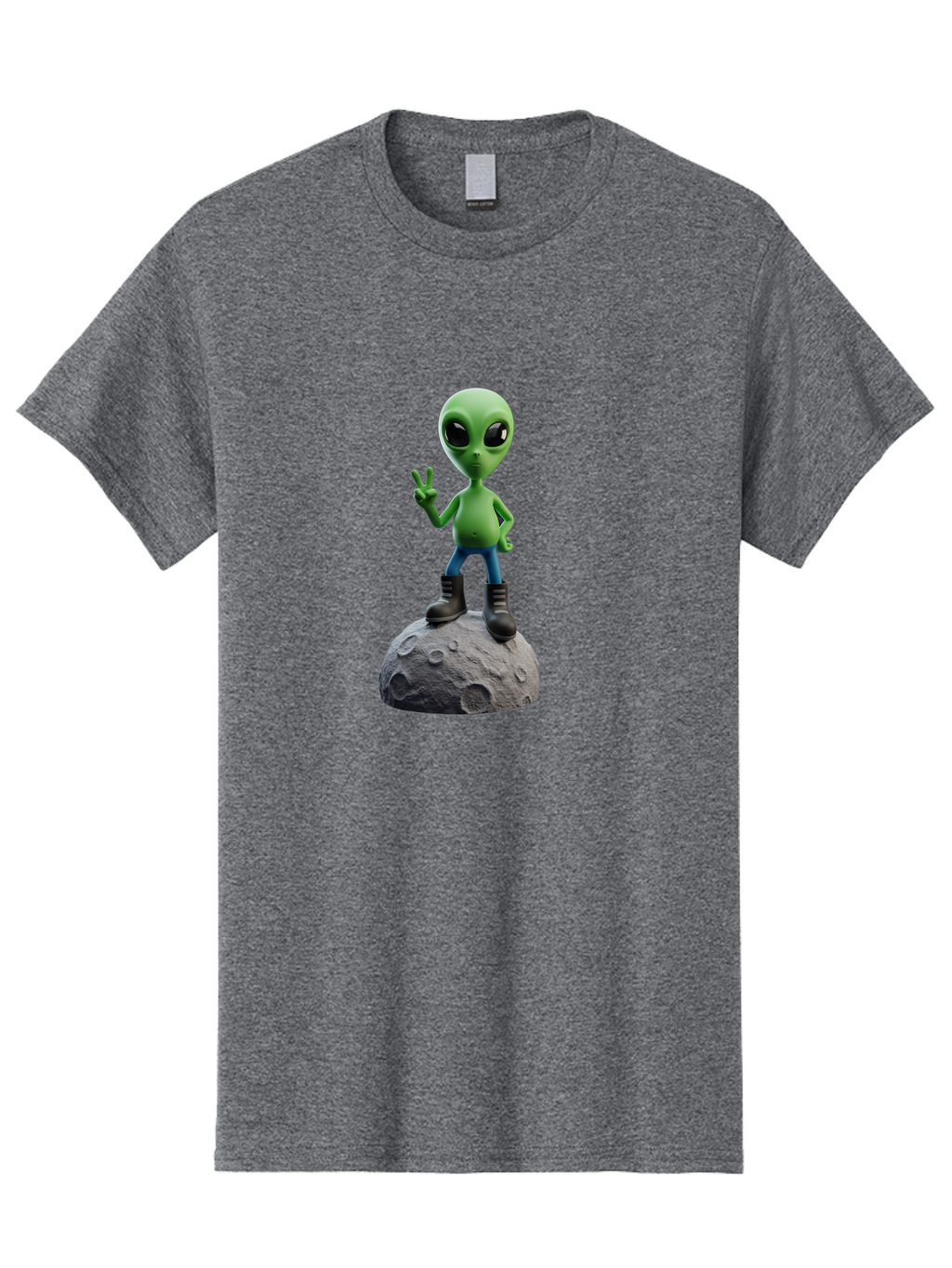 Alien-On-Moon Men'S Graphic Tee, 100% Cotton, Comfortable Casual Summer Wear, Machine Washable, 3D Cartoon Alien, Peace Sign, Moon Surface, Craters, Futuristic, Extraterrestrial Life, Space, Blue Jeans, Black Boots, Quirky, Fun, Playful, Bab628