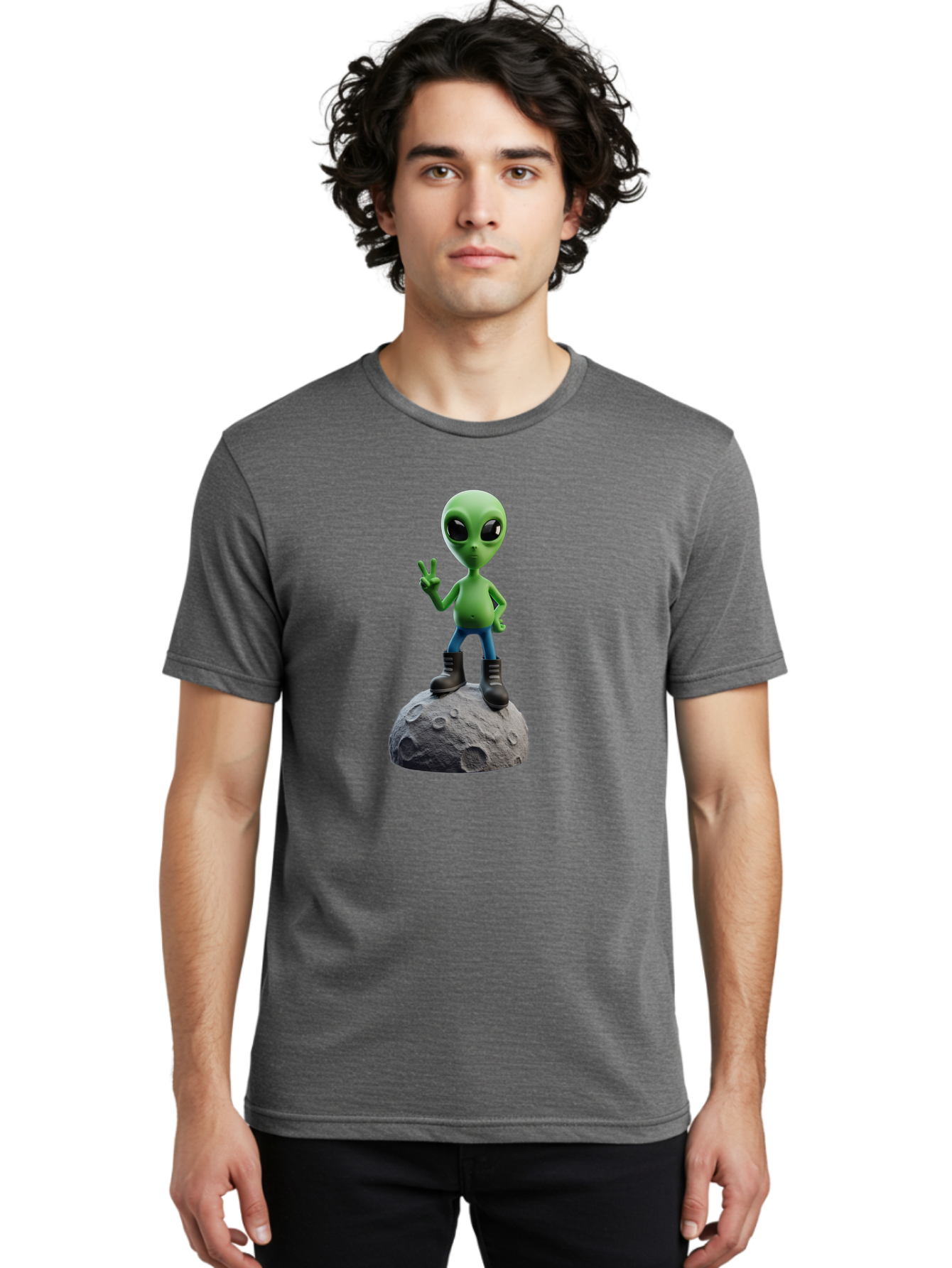 Alien-On-Moon Men'S Graphic Tee, 100% Cotton, Comfortable Casual Summer Wear, Machine Washable, 3D Cartoon Alien, Peace Sign, Moon Surface, Craters, Futuristic, Extraterrestrial Life, Space, Blue Jeans, Black Boots, Quirky, Fun, Playful, Bab628