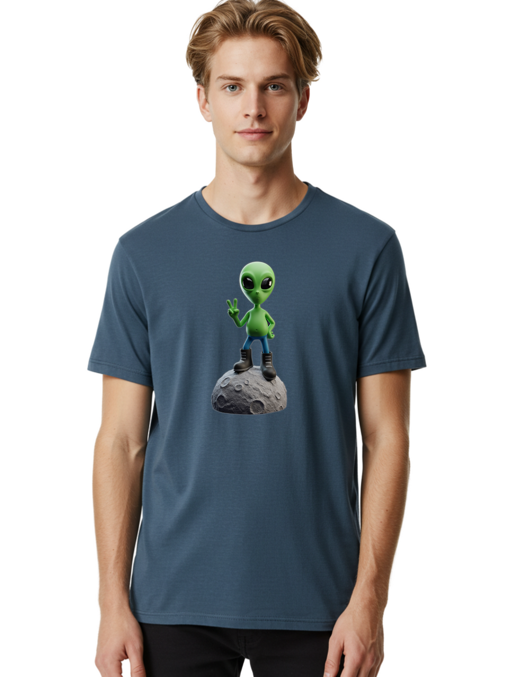 Alien-On-Moon Men'S Graphic Tee, 100% Cotton, Comfortable Casual Summer Wear, Machine Washable, 3D Cartoon Alien, Peace Sign, Moon Surface, Craters, Futuristic, Extraterrestrial Life, Space, Blue Jeans, Black Boots, Quirky, Fun, Playful, Bab628