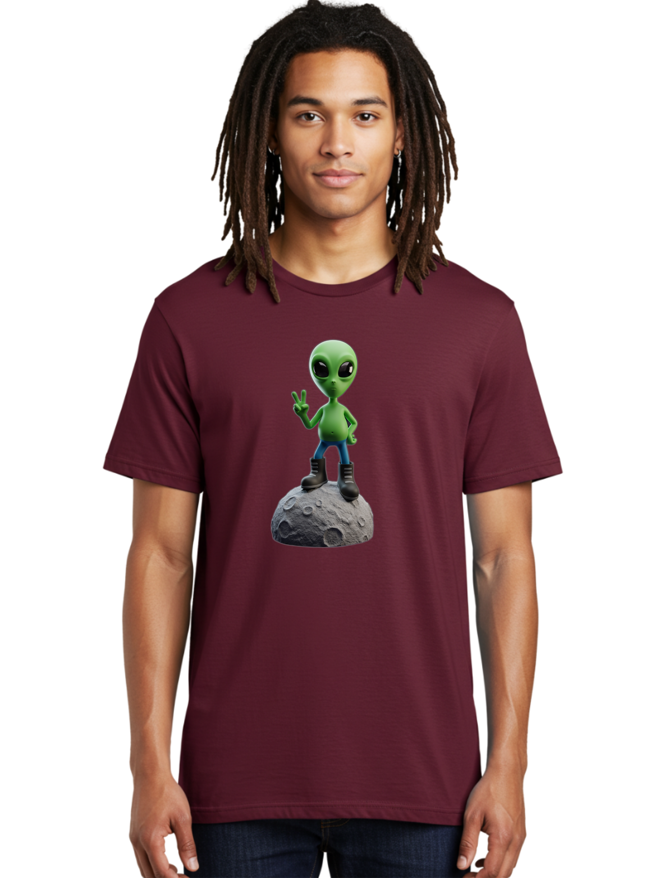 Alien-On-Moon Men'S Graphic Tee, 100% Cotton, Comfortable Casual Summer Wear, Machine Washable, 3D Cartoon Alien, Peace Sign, Moon Surface, Craters, Futuristic, Extraterrestrial Life, Space, Blue Jeans, Black Boots, Quirky, Fun, Playful, Bab628