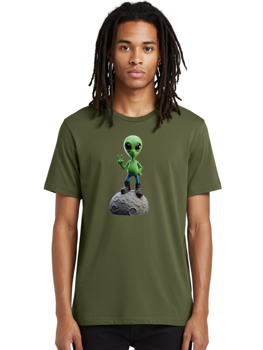Alien-On-Moon Men'S Graphic Tee, 100% Cotton, Comfortable Casual Summer Wear, Machine Washable, 3D Cartoon Alien, Peace Sign, Moon Surface, Craters, Futuristic, Extraterrestrial Life, Space, Blue Jeans, Black Boots, Quirky, Fun, Playful, Bab628