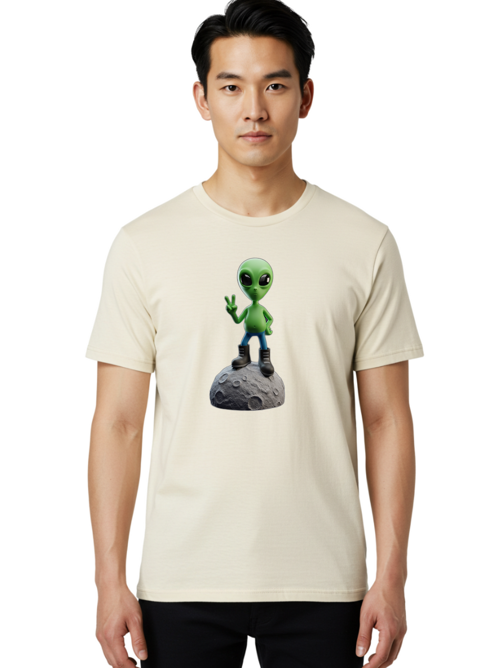Alien-On-Moon Men'S Graphic Tee, 100% Cotton, Comfortable Casual Summer Wear, Machine Washable, 3D Cartoon Alien, Peace Sign, Moon Surface, Craters, Futuristic, Extraterrestrial Life, Space, Blue Jeans, Black Boots, Quirky, Fun, Playful, Bab628