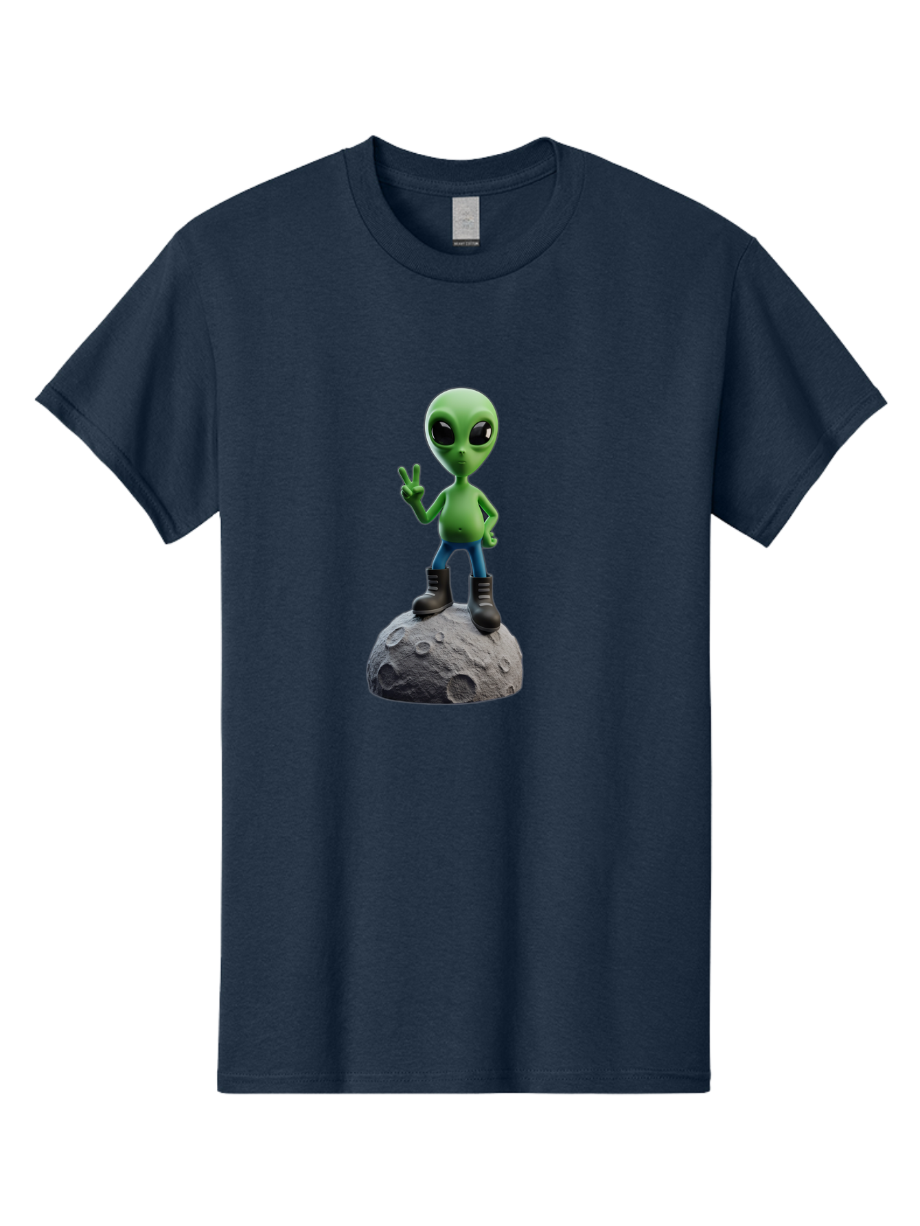 Alien-On-Moon Men'S Graphic Tee, 100% Cotton, Comfortable Casual Summer Wear, Machine Washable, 3D Cartoon Alien, Peace Sign, Moon Surface, Craters, Futuristic, Extraterrestrial Life, Space, Blue Jeans, Black Boots, Quirky, Fun, Playful, Bab628