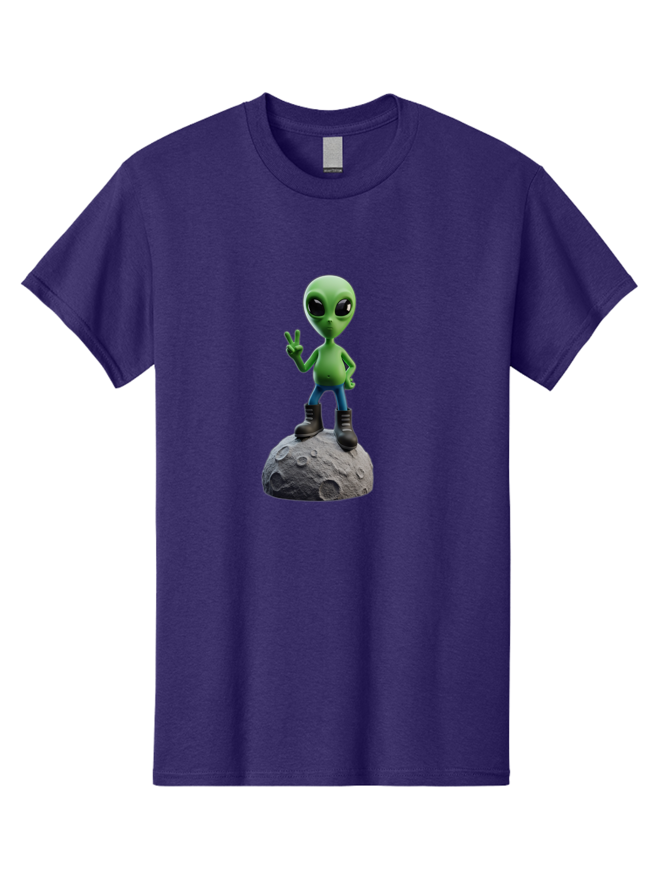 Alien-On-Moon Men'S Graphic Tee, 100% Cotton, Comfortable Casual Summer Wear, Machine Washable, 3D Cartoon Alien, Peace Sign, Moon Surface, Craters, Futuristic, Extraterrestrial Life, Space, Blue Jeans, Black Boots, Quirky, Fun, Playful, Bab628