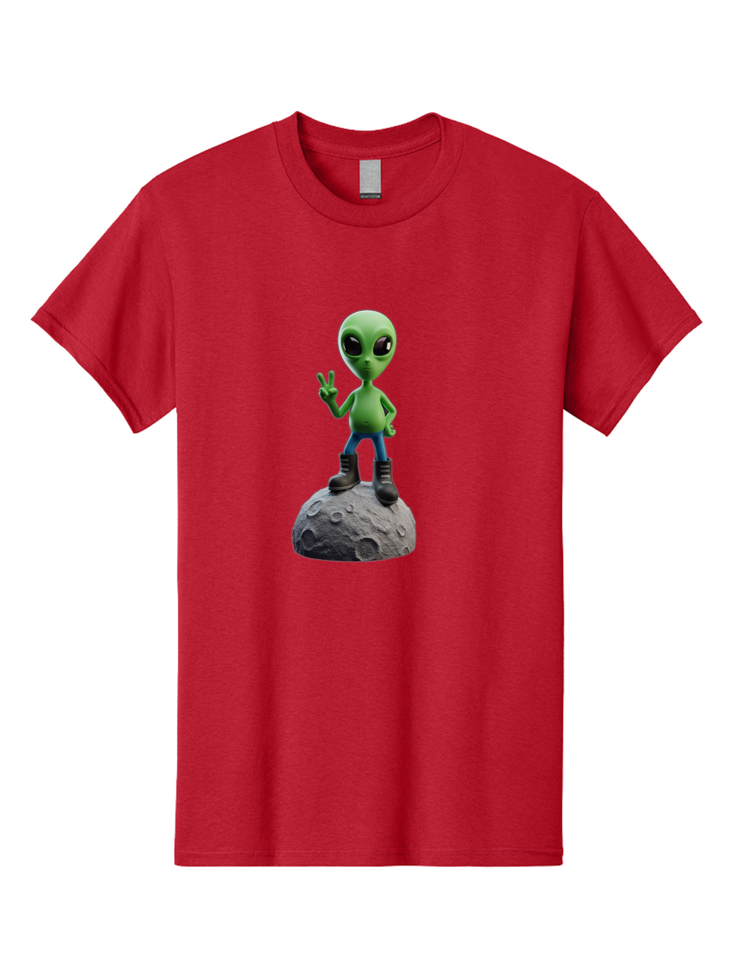 Alien-On-Moon Men'S Graphic Tee, 100% Cotton, Comfortable Casual Summer Wear, Machine Washable, 3D Cartoon Alien, Peace Sign, Moon Surface, Craters, Futuristic, Extraterrestrial Life, Space, Blue Jeans, Black Boots, Quirky, Fun, Playful, Bab628