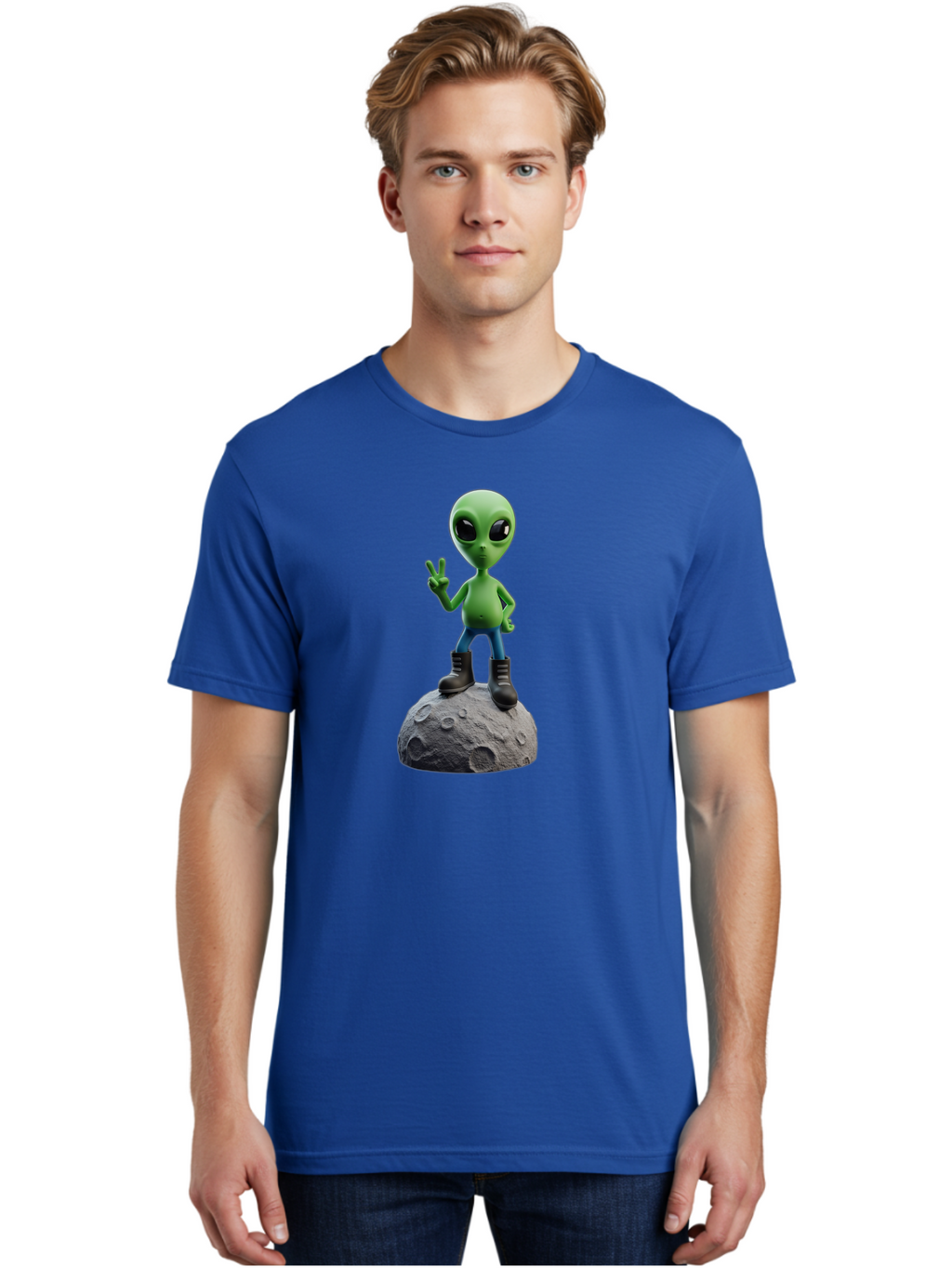 Alien-On-Moon Men'S Graphic Tee, 100% Cotton, Comfortable Casual Summer Wear, Machine Washable, 3D Cartoon Alien, Peace Sign, Moon Surface, Craters, Futuristic, Extraterrestrial Life, Space, Blue Jeans, Black Boots, Quirky, Fun, Playful, Bab628