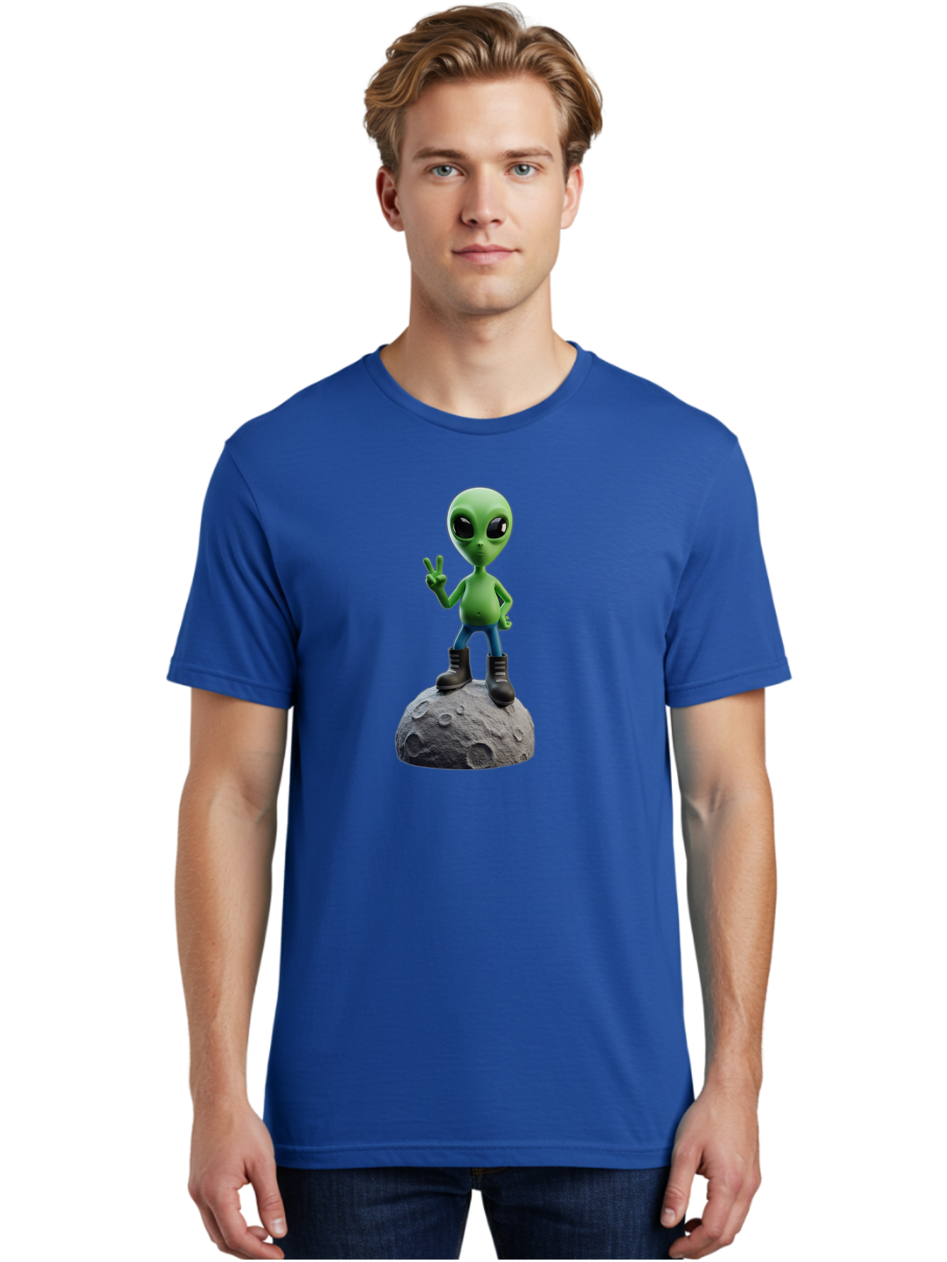 Alien-On-Moon Men'S Graphic Tee, 100% Cotton, Comfortable Casual Summer Wear, Machine Washable, 3D Cartoon Alien, Peace Sign, Moon Surface, Craters, Futuristic, Extraterrestrial Life, Space, Blue Jeans, Black Boots, Quirky, Fun, Playful, Bab628