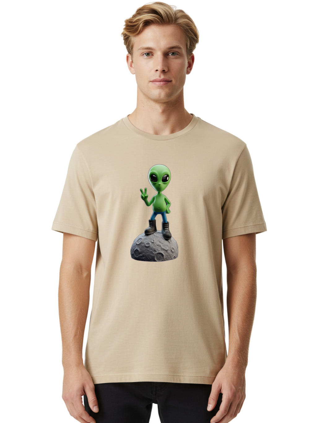 Alien-On-Moon Men'S Graphic Tee, 100% Cotton, Comfortable Casual Summer Wear, Machine Washable, 3D Cartoon Alien, Peace Sign, Moon Surface, Craters, Futuristic, Extraterrestrial Life, Space, Blue Jeans, Black Boots, Quirky, Fun, Playful, Bab628