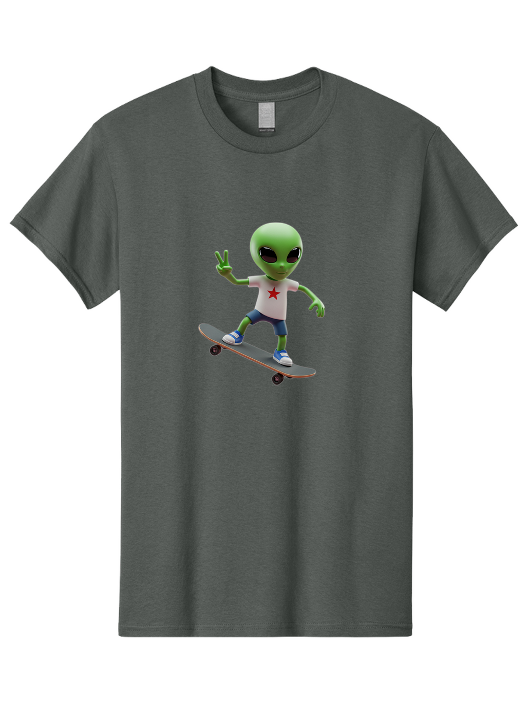 Alien-On-Skateboard Men'S Graphic Tee, 100% Cotton, Comfortable Casual Summer Wear, Machine Washable, Alien Skateboarder, Extraterrestrial On A Board, Funny Alien, 3D Cartoon Character, Skateboarding Alien, Peace Sign, Red Star Shirt, Bab629