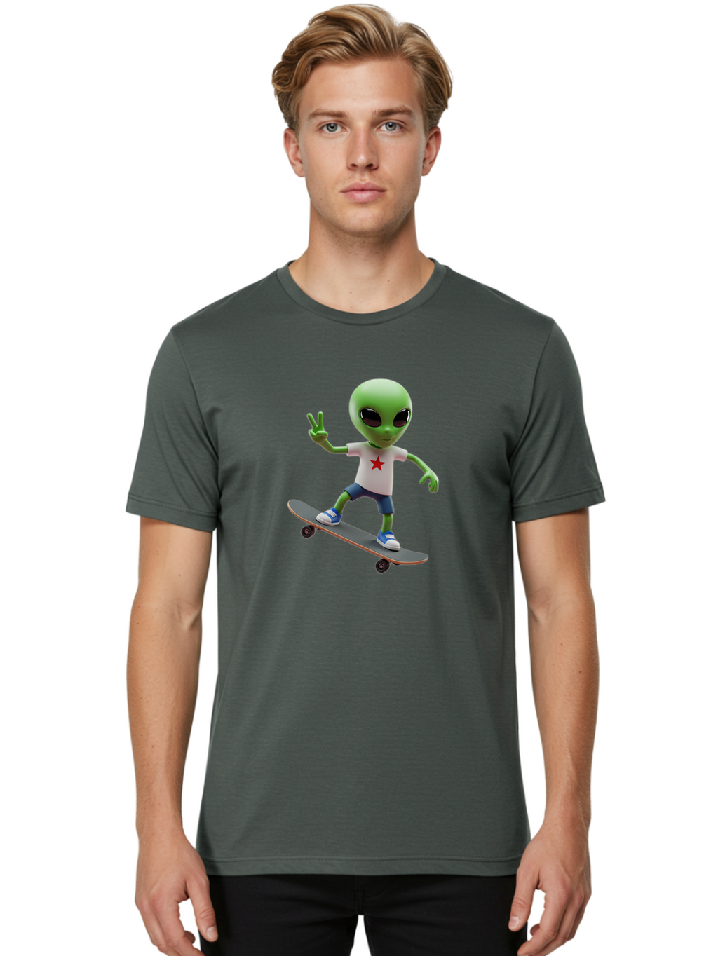 Alien-On-Skateboard Men'S Graphic Tee, 100% Cotton, Comfortable Casual Summer Wear, Machine Washable, Alien Skateboarder, Extraterrestrial On A Board, Funny Alien, 3D Cartoon Character, Skateboarding Alien, Peace Sign, Red Star Shirt, Bab629