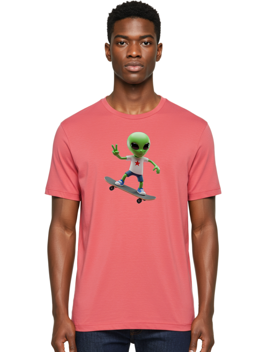 Alien-On-Skateboard Men'S Graphic Tee, 100% Cotton, Comfortable Casual Summer Wear, Machine Washable, Alien Skateboarder, Extraterrestrial On A Board, Funny Alien, 3D Cartoon Character, Skateboarding Alien, Peace Sign, Red Star Shirt, Bab629