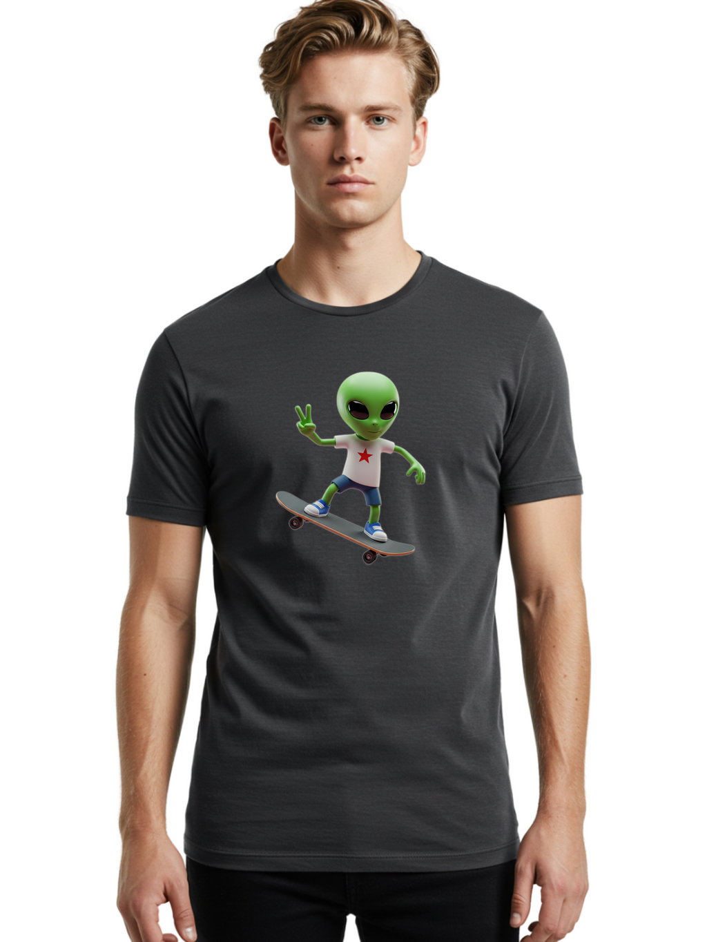 Alien-On-Skateboard Men'S Graphic Tee, 100% Cotton, Comfortable Casual Summer Wear, Machine Washable, Alien Skateboarder, Extraterrestrial On A Board, Funny Alien, 3D Cartoon Character, Skateboarding Alien, Peace Sign, Red Star Shirt, Bab629