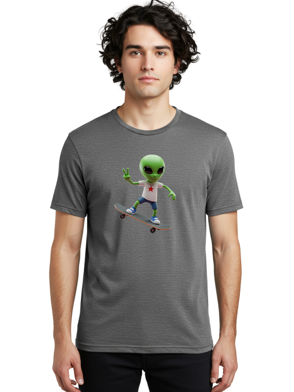 Alien-On-Skateboard Men'S Graphic Tee, 100% Cotton, Comfortable Casual Summer Wear, Machine Washable, Alien Skateboarder, Extraterrestrial On A Board, Funny Alien, 3D Cartoon Character, Skateboarding Alien, Peace Sign, Red Star Shirt, Bab629