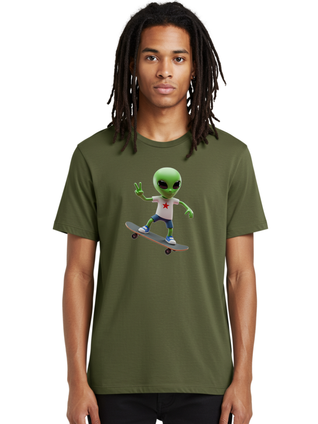 Alien-On-Skateboard Men'S Graphic Tee, 100% Cotton, Comfortable Casual Summer Wear, Machine Washable, Alien Skateboarder, Extraterrestrial On A Board, Funny Alien, 3D Cartoon Character, Skateboarding Alien, Peace Sign, Red Star Shirt, Bab629