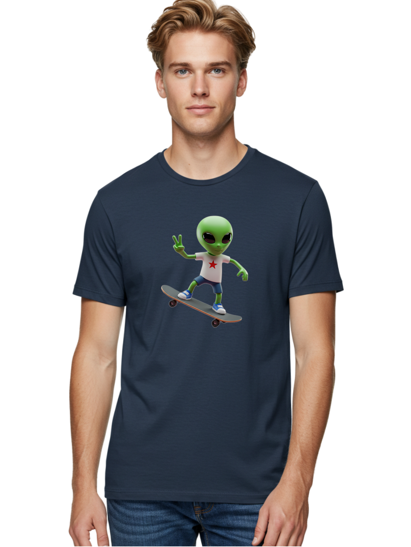 Alien-On-Skateboard Men'S Graphic Tee, 100% Cotton, Comfortable Casual Summer Wear, Machine Washable, Alien Skateboarder, Extraterrestrial On A Board, Funny Alien, 3D Cartoon Character, Skateboarding Alien, Peace Sign, Red Star Shirt, Bab629