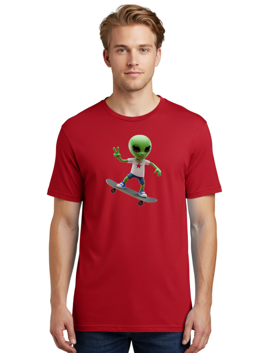 Alien-On-Skateboard Men'S Graphic Tee, 100% Cotton, Comfortable Casual Summer Wear, Machine Washable, Alien Skateboarder, Extraterrestrial On A Board, Funny Alien, 3D Cartoon Character, Skateboarding Alien, Peace Sign, Red Star Shirt, Bab629