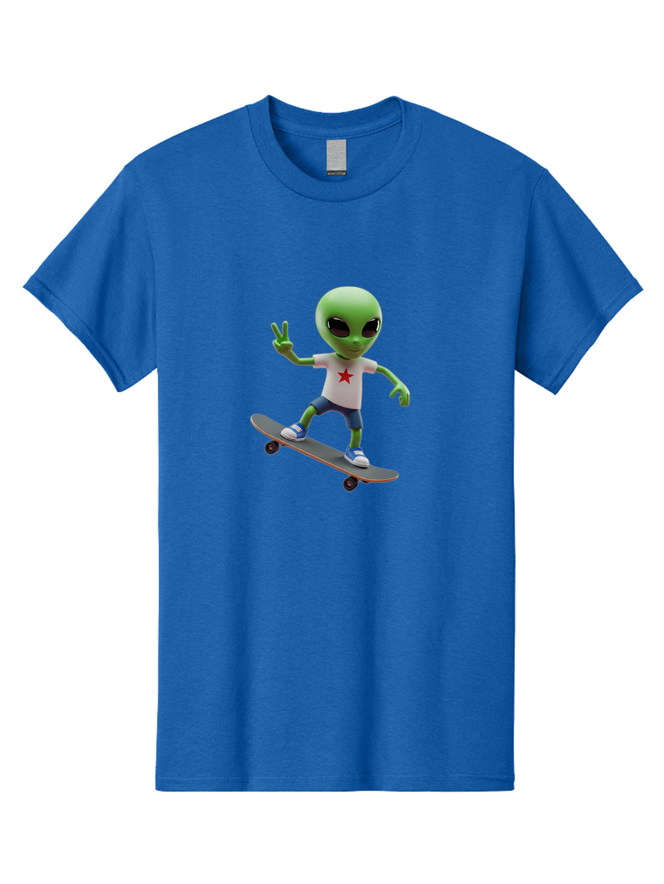 Alien-On-Skateboard Men'S Graphic Tee, 100% Cotton, Comfortable Casual Summer Wear, Machine Washable, Alien Skateboarder, Extraterrestrial On A Board, Funny Alien, 3D Cartoon Character, Skateboarding Alien, Peace Sign, Red Star Shirt, Bab629
