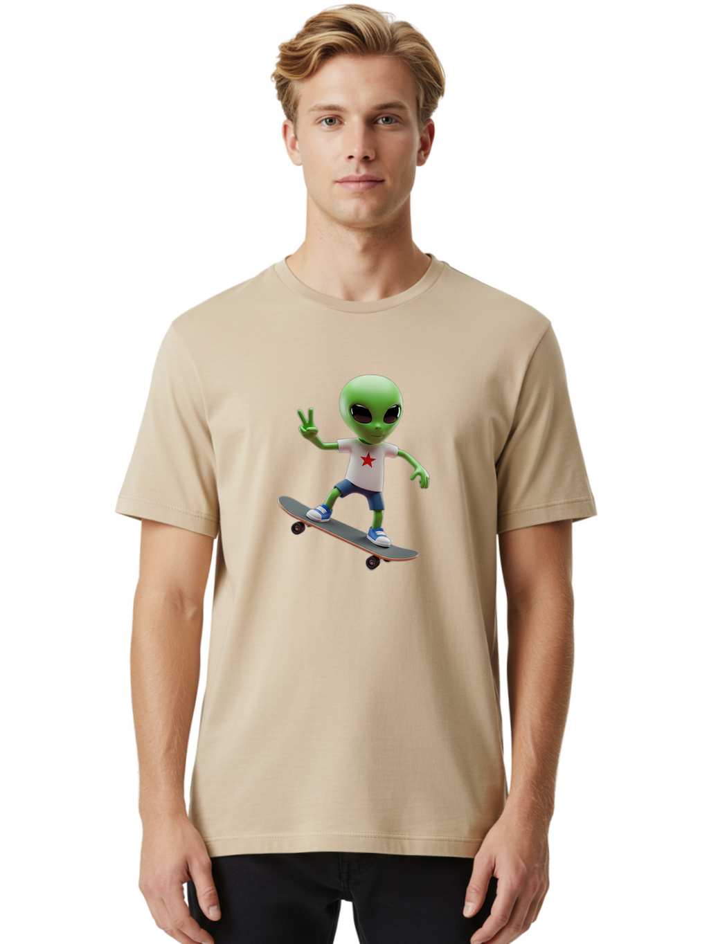 Alien-On-Skateboard Men'S Graphic Tee, 100% Cotton, Comfortable Casual Summer Wear, Machine Washable, Alien Skateboarder, Extraterrestrial On A Board, Funny Alien, 3D Cartoon Character, Skateboarding Alien, Peace Sign, Red Star Shirt, Bab629
