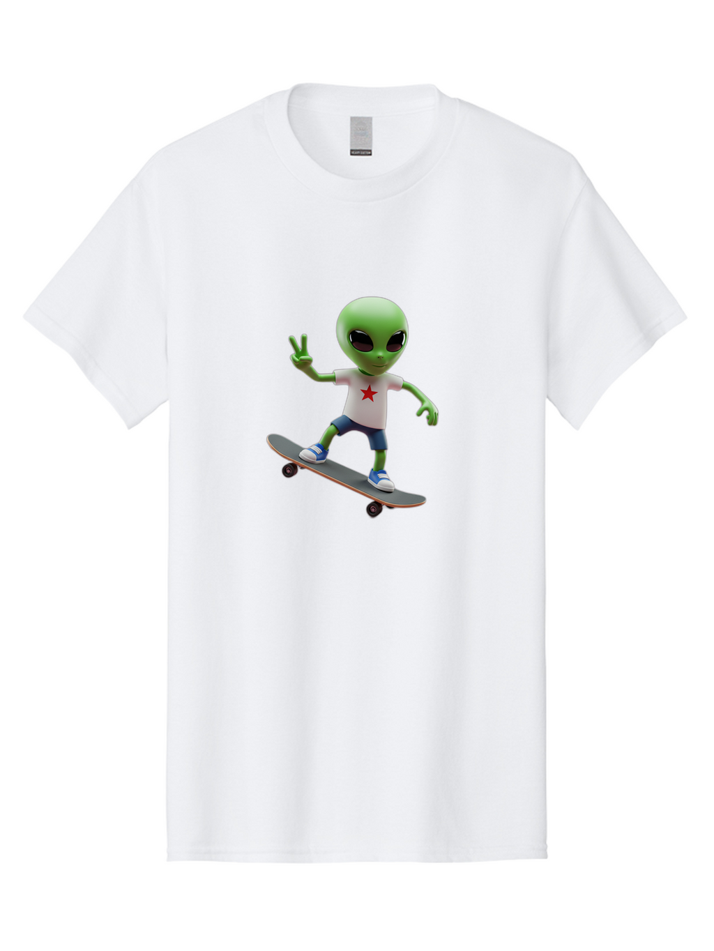 Alien-On-Skateboard Men'S Graphic Tee, 100% Cotton, Comfortable Casual Summer Wear, Machine Washable, Alien Skateboarder, Extraterrestrial On A Board, Funny Alien, 3D Cartoon Character, Skateboarding Alien, Peace Sign, Red Star Shirt, Bab629