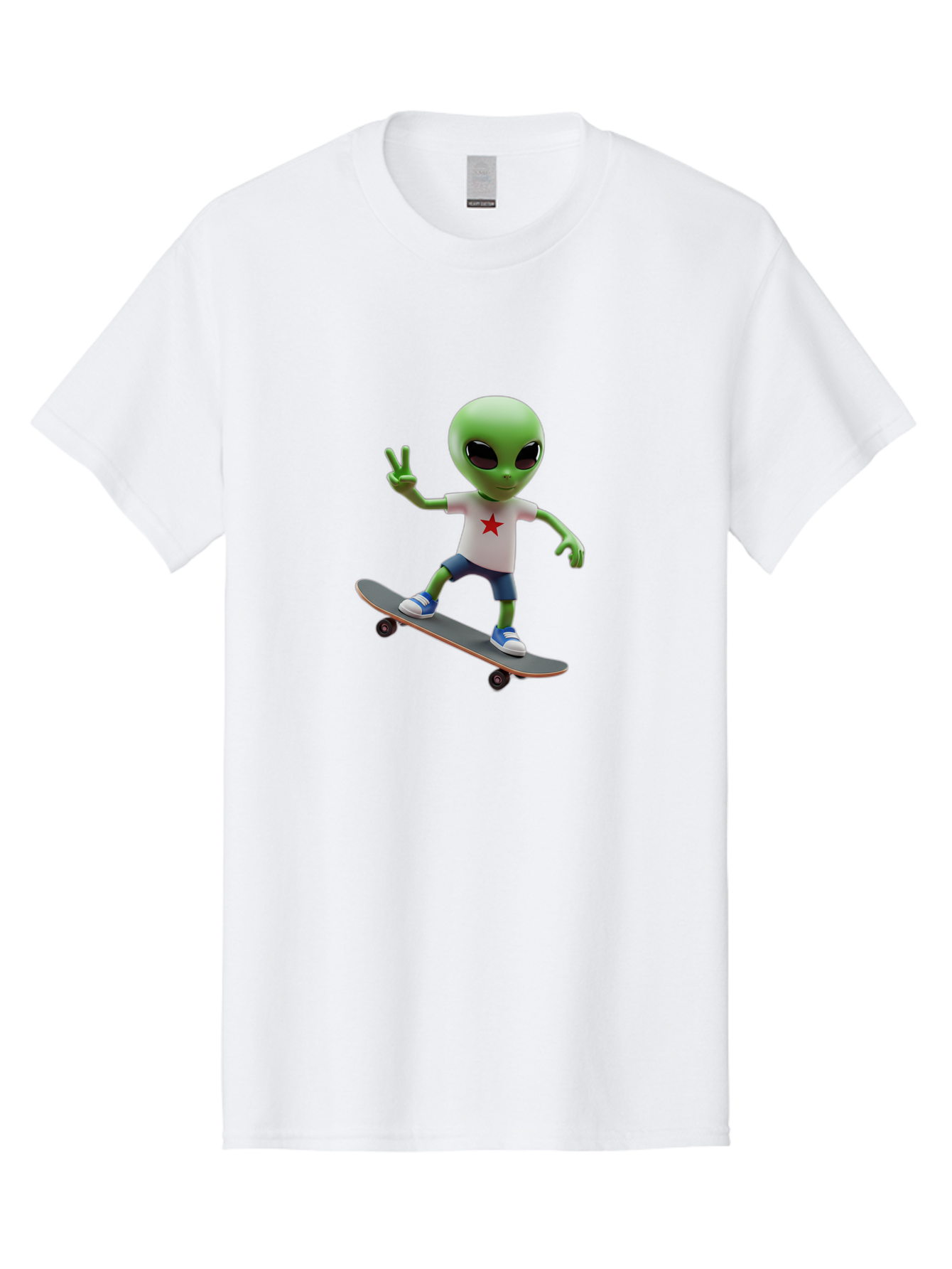 Alien-On-Skateboard Men'S Graphic Tee, 100% Cotton, Comfortable Casual Summer Wear, Machine Washable, Alien Skateboarder, Extraterrestrial On A Board, Funny Alien, 3D Cartoon Character, Skateboarding Alien, Peace Sign, Red Star Shirt, Bab629