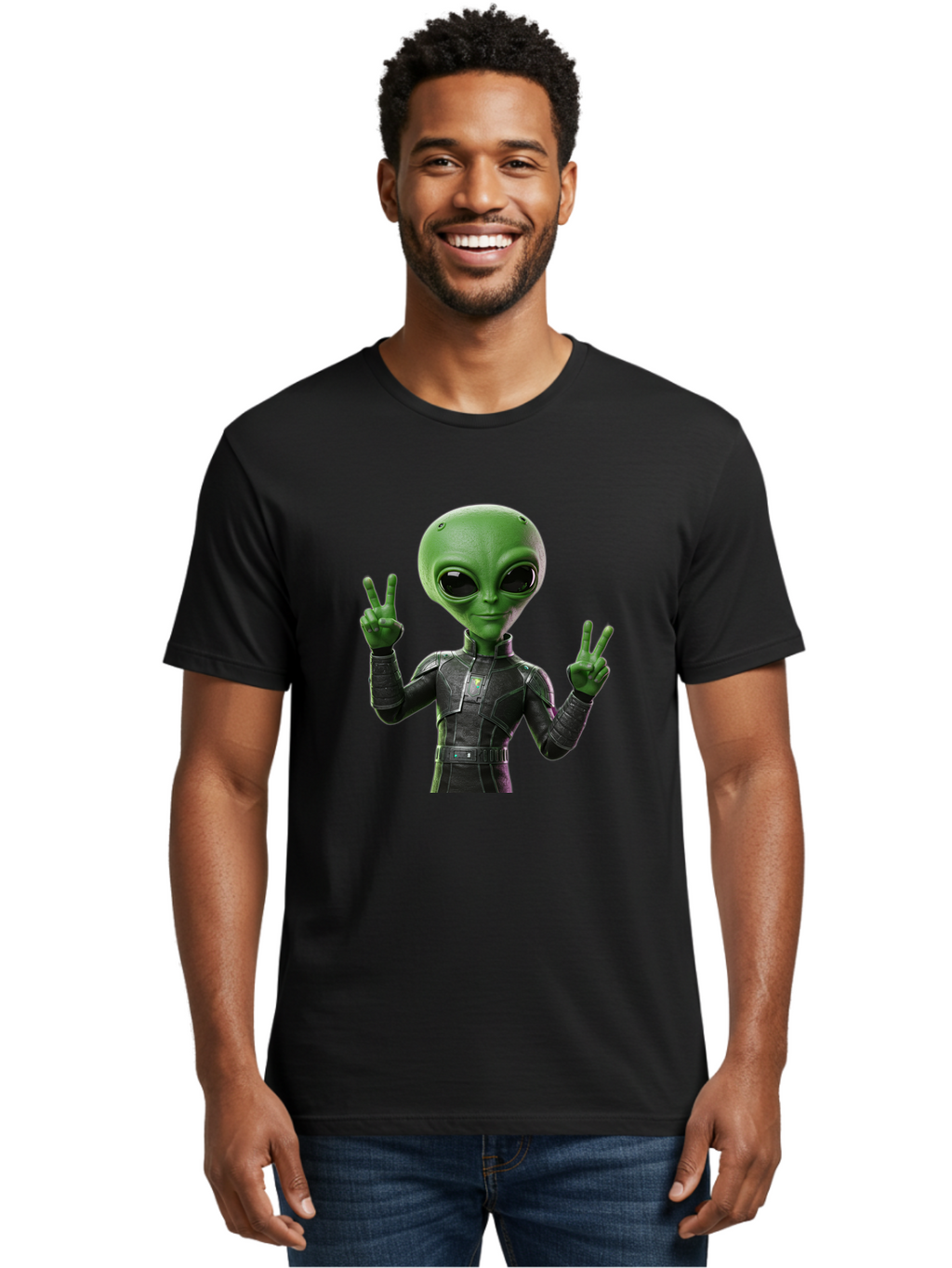 Alien-Peace-Sign-1 Men'S Graphic Tee, 100% Cotton, Comfortable Casual Summer Wear, Machine Washable, Alien Character, Peace Sign Gesture, Extraterrestrial Being, Futuristic Attire, Sci-Fi Design, Friendly Demeanor, Funny Face, V Sign, Bab630