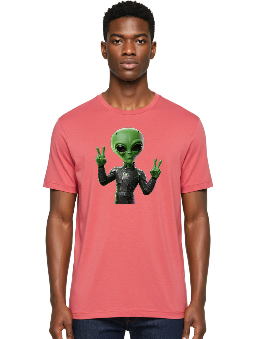 Alien-Peace-Sign-1 Men'S Graphic Tee, 100% Cotton, Comfortable Casual Summer Wear, Machine Washable, Alien Character, Peace Sign Gesture, Extraterrestrial Being, Futuristic Attire, Sci-Fi Design, Friendly Demeanor, Funny Face, V Sign, Bab630