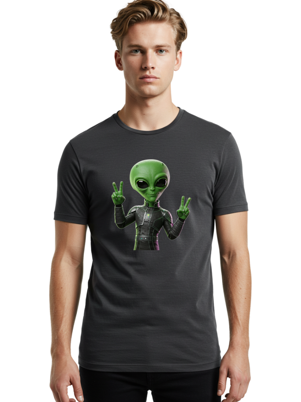 Alien-Peace-Sign-1 Men'S Graphic Tee, 100% Cotton, Comfortable Casual Summer Wear, Machine Washable, Alien Character, Peace Sign Gesture, Extraterrestrial Being, Futuristic Attire, Sci-Fi Design, Friendly Demeanor, Funny Face, V Sign, Bab630