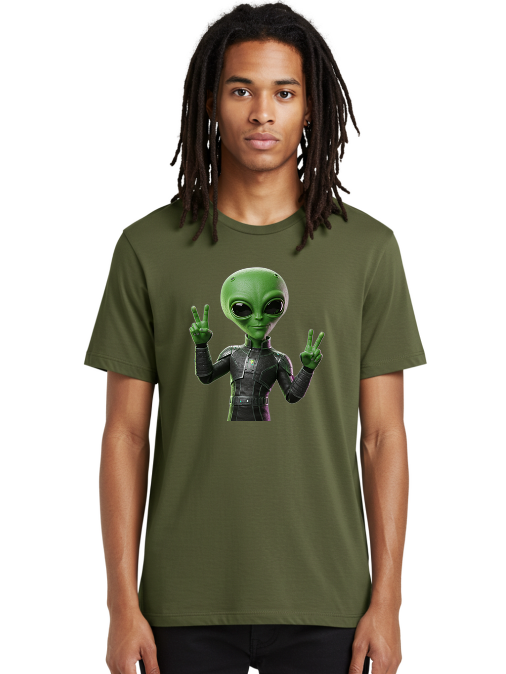Alien-Peace-Sign-1 Men'S Graphic Tee, 100% Cotton, Comfortable Casual Summer Wear, Machine Washable, Alien Character, Peace Sign Gesture, Extraterrestrial Being, Futuristic Attire, Sci-Fi Design, Friendly Demeanor, Funny Face, V Sign, Bab630