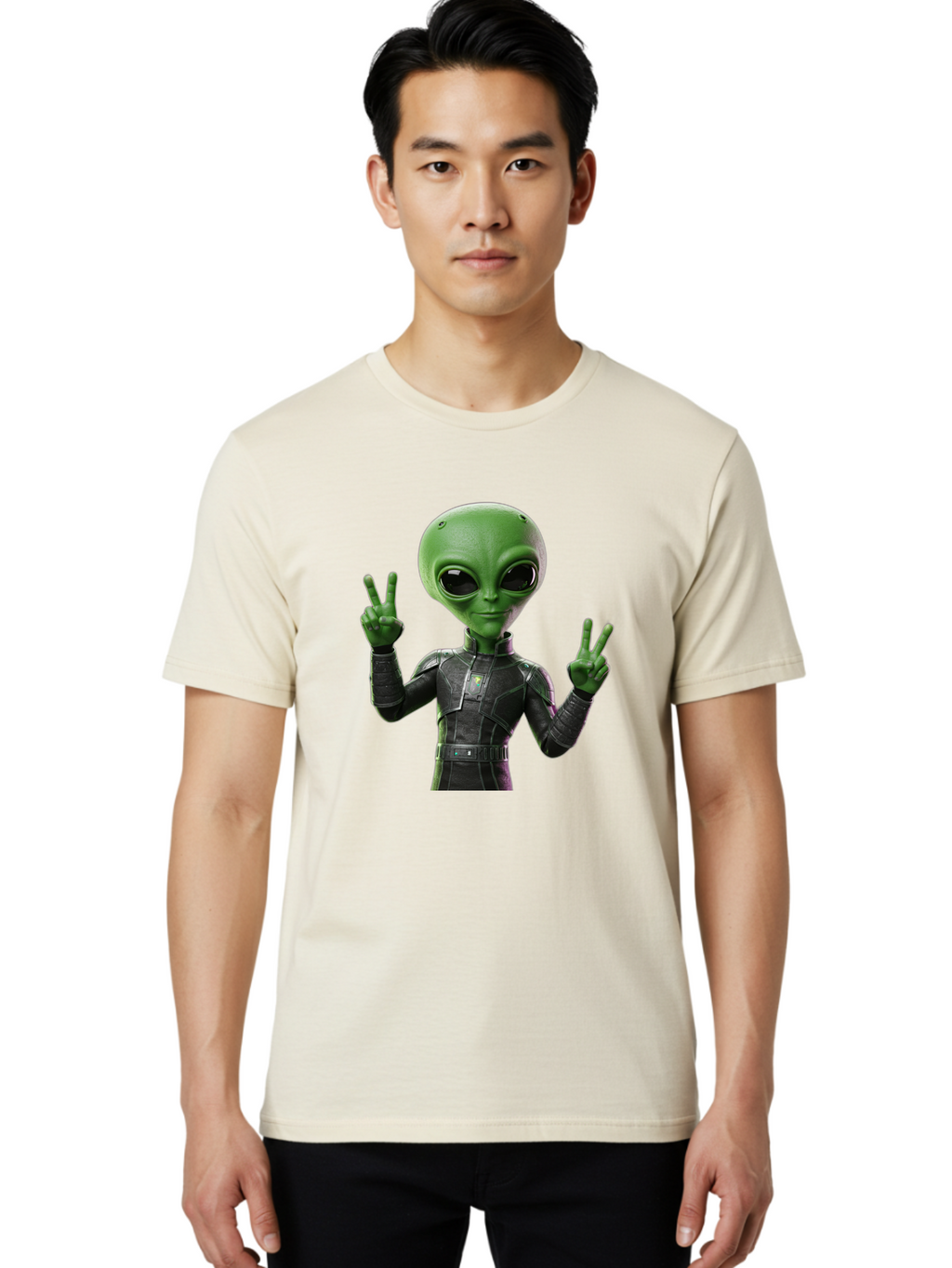 Alien-Peace-Sign-1 Men'S Graphic Tee, 100% Cotton, Comfortable Casual Summer Wear, Machine Washable, Alien Character, Peace Sign Gesture, Extraterrestrial Being, Futuristic Attire, Sci-Fi Design, Friendly Demeanor, Funny Face, V Sign, Bab630