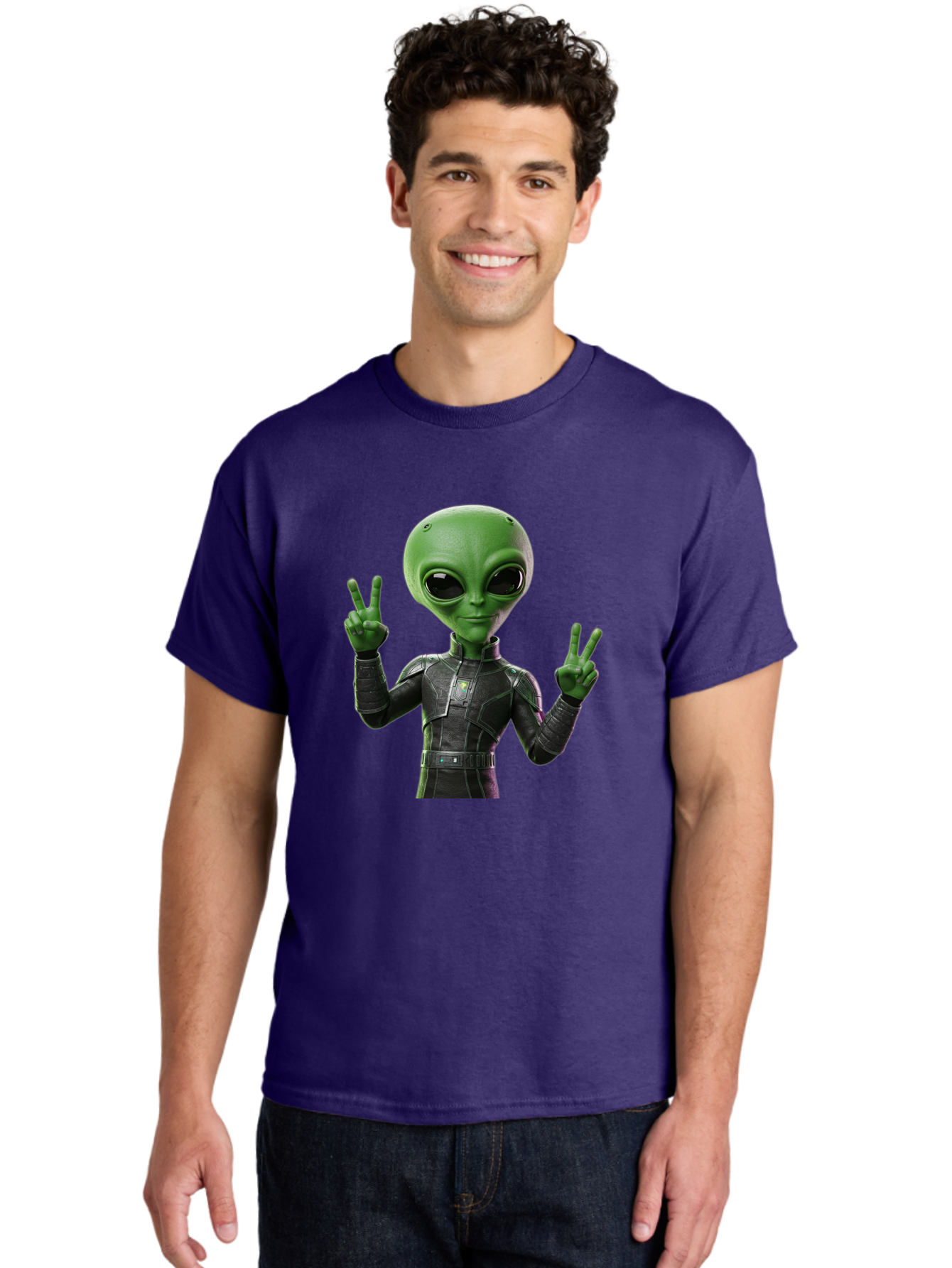 Alien-Peace-Sign-1 Men'S Graphic Tee, 100% Cotton, Comfortable Casual Summer Wear, Machine Washable, Alien Character, Peace Sign Gesture, Extraterrestrial Being, Futuristic Attire, Sci-Fi Design, Friendly Demeanor, Funny Face, V Sign, Bab630