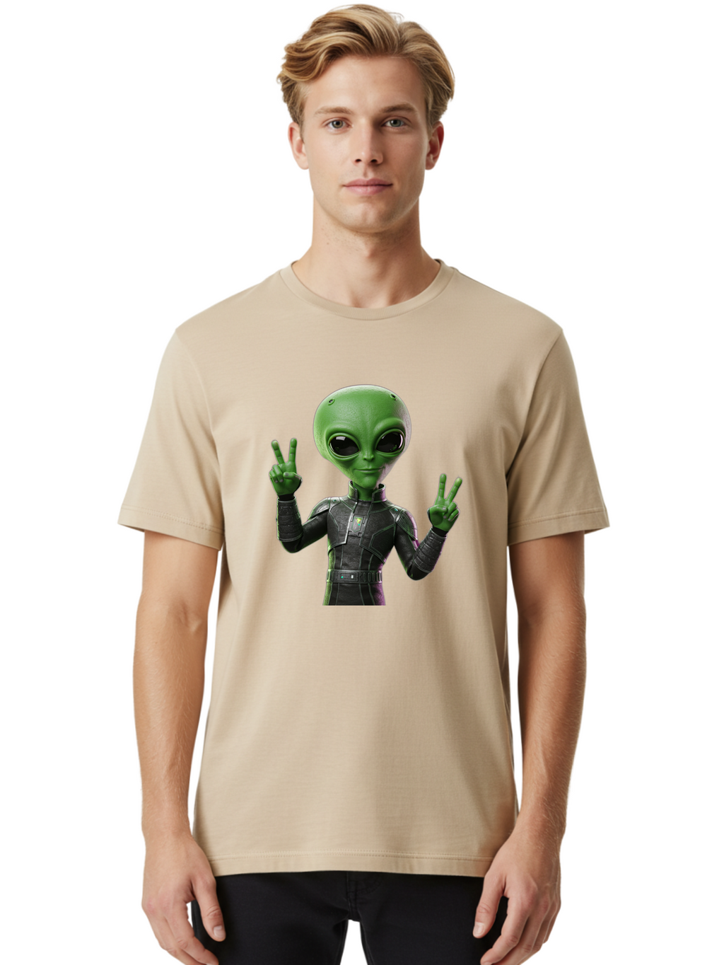 Alien-Peace-Sign-1 Men'S Graphic Tee, 100% Cotton, Comfortable Casual Summer Wear, Machine Washable, Alien Character, Peace Sign Gesture, Extraterrestrial Being, Futuristic Attire, Sci-Fi Design, Friendly Demeanor, Funny Face, V Sign, Bab630