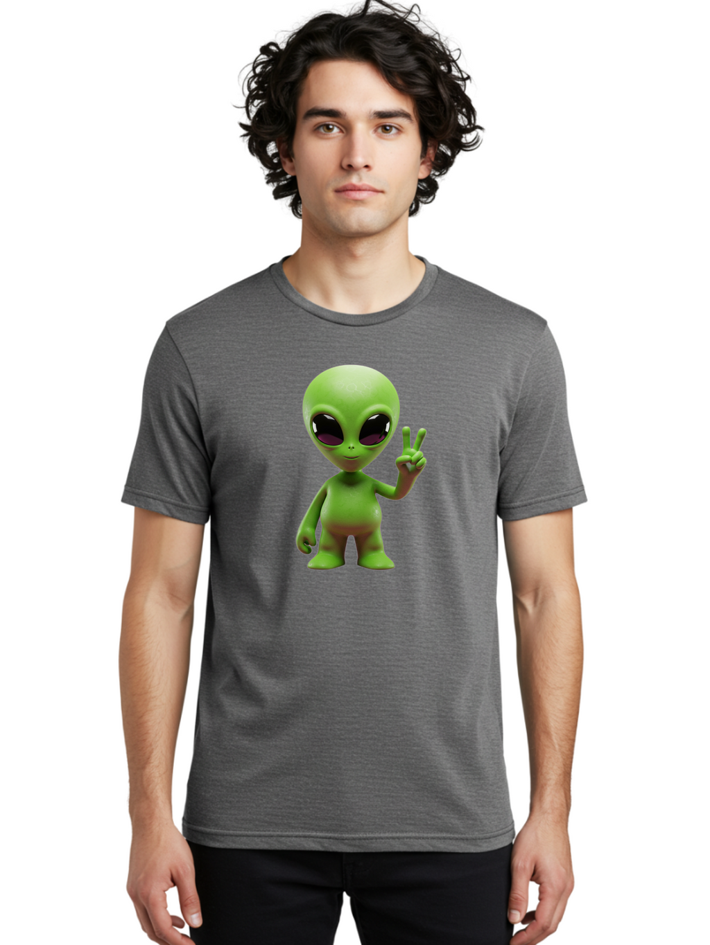 Alien-Peace-Sign-2 Men'S Graphic Tee, 100% Cotton, Comfortable Casual Summer Wear, Machine Washable, Alien Figure, Peace Sign, Friendly Gesture, Cartoon Character, E.T., Extraterrestrial Being, Fun, Quirky, Playful, 3D Rendering, Bab631